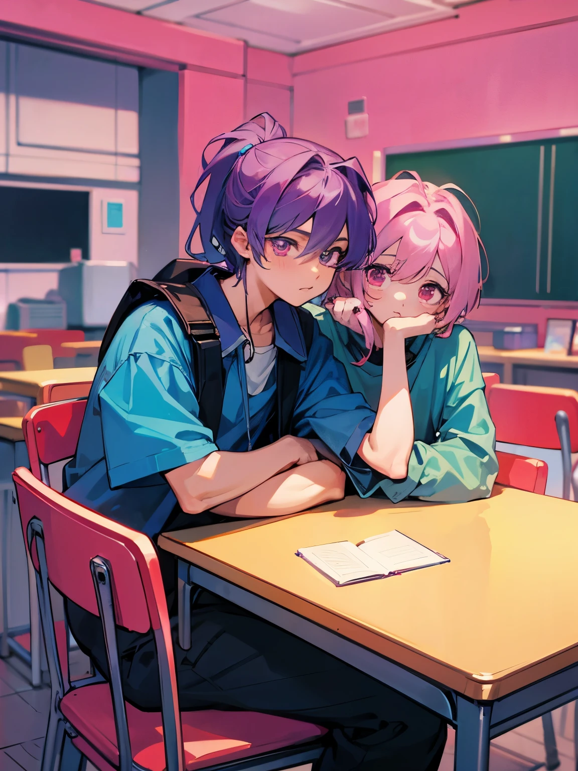 cartoon of two boys sitting at a table with a book and a backpack, ddlc, in the art style of 8 0 s anime, 9 0 s anime style, 90s anime style, in anime style, in an anime style, anime aesthetic, anime vibes, 9 0 s anime aesthetic, 9 0 s anime art style, lofi boy, typical anime classroom