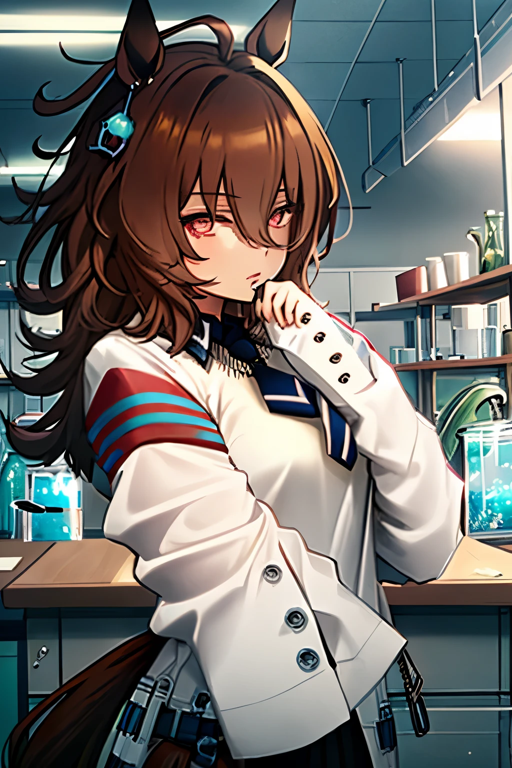 (masterpiece:1.2、top-quality)、(Beautiful Eyes of Details:1.2)、(the Extremely Detailed CG Unity 8K Wallpapers、masterpiece、top-quality、ultra-detailliert、Best Shadows)、(Detailed background)、(beautifull detailed face、beatiful detailed eyes)、highly contrast、(The best lighting、extremely delicate and beautiful)、1girl in、dynamic ungle、dynamicposes:1.4、full body Esbian、Agnes-Tachyon\(Umamusume\)、solo、hunk_Eyeanteau blanc、Black pantyhose、((sleeves past fingers))、Yellow sweater、Black tie、Horse Girl、Horse's tail、brown haired、red eyes、sleeves past wrists、The background is the science room、lab room、flask、Glass Tube