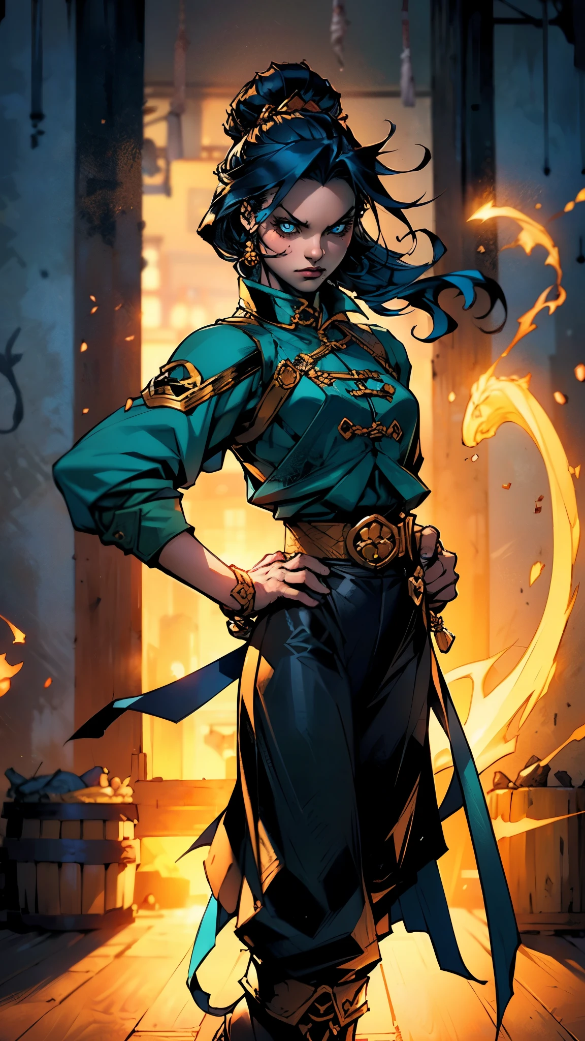 ((A young woman with flowing long dark blue hair, long side part bangs covering the right side of her face, sharp upward-arched thick eyebrows, large expressive eyes, a delicate oval face, a sensual wide mouth, a mocking expression, a fantasy martial arts-style emerald green short jacket with a blue undershirt, a high collar, rolled-up sleeves, matching fabric pants, a yellow waist belt, leather combat boots, one hand rests on her hip, surrounded by a cyan energy aura, standing in a fantasy style Chinese tavern)), this character embodies a finely crafted a fantasy martial arts heroine in anime style, exquisite and mature manga art style, pale skin, high definition, best quality, highres, ultra-detailed, ultra-fine painting, extremely delicate, professional, anatomically correct, symmetrical face, extremely detailed eyes and face, high quality eyes, creativity, RAW photo, UHD, 32k, Natural light, cinematic lighting, masterpiece-anatomy-perfect, masterpiece:1.5