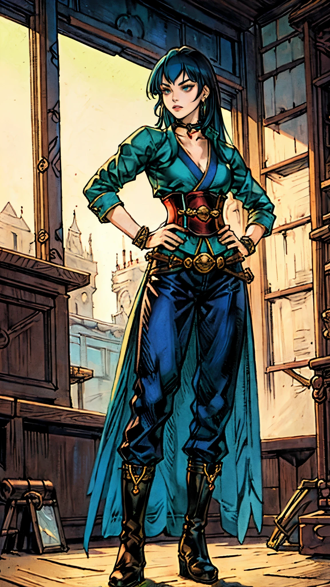 ((A young woman with flowing long dark blue hair, long side part bangs covering the right side of her face, sharp upward-arched thick eyebrows, large expressive eyes, a delicate oval face, a sensual wide mouth, a mocking expression, a fantasy martial arts-style emerald green short jacket with a blue undershirt, a high collar, rolled-up sleeves, matching fabric pants, a yellow waist belt, leather combat boots, one hand rests on her hip, surrounded by a cyan energy aura, standing in a fantasy style Chinese tavern)), this character embodies a finely crafted a fantasy martial arts heroine in anime style, exquisite and mature manga art style, pale skin, high definition, best quality, highres, ultra-detailed, ultra-fine painting, extremely delicate, professional, anatomically correct, symmetrical face, extremely detailed eyes and face, high quality eyes, creativity, RAW photo, UHD, 32k, Natural light, cinematic lighting, masterpiece-anatomy-perfect, masterpiece:1.5