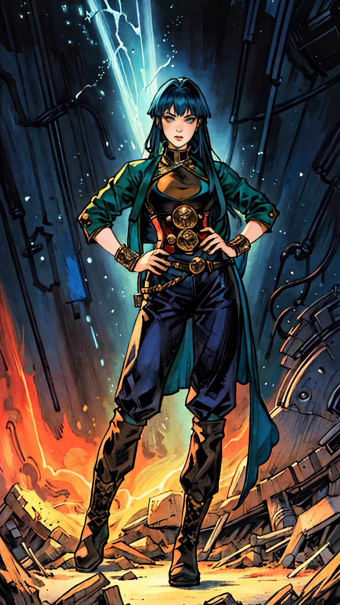 ((A young woman with flowing long dark blue hair, long side part bangs covering the right side of her face, sharp upward-arched thick eyebrows, large expressive eyes, a delicate oval face, a sensual wide mouth, a mocking expression, a fantasy martial arts-style emerald green short jacket with a blue undershirt, a high collar, rolled-up sleeves, matching fabric pants, a yellow waist belt, leather combat boots, one hand rests on her hip, surrounded by a cyan energy aura, standing in a fantasy style Chinese tavern)), this character embodies a finely crafted a fantasy martial arts heroine in anime style, exquisite and mature manga art style, pale skin, high definition, best quality, highres, ultra-detailed, ultra-fine painting, extremely delicate, professional, anatomically correct, symmetrical face, extremely detailed eyes and face, high quality eyes, creativity, RAW photo, UHD, 32k, Natural light, cinematic lighting, masterpiece-anatomy-perfect, masterpiece:1.5