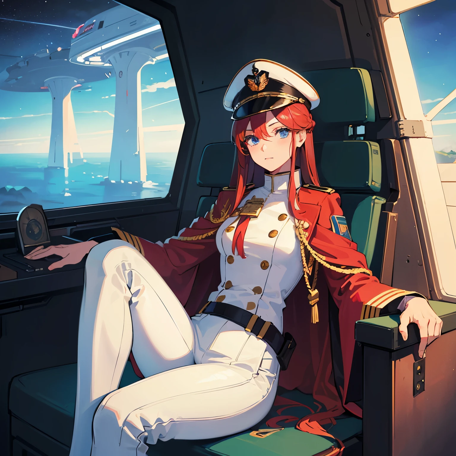 ((Masterpiece)), ((Highest Quality)), ((Best Quality)), (Illustration of One Girl), Full Body, 25 Years Old, Long Red Hair, (Thin Hair on Both Sides of the Face), Blue Eyes, (Tall)), ((Muscular Strong Body)), (Manspreading)), Open Legilitary Uniform)), (Military Hat)), ((Military Coat)), (White Clothes), (White Pants), (White Hat), Trench Coat, ((Inside the spaceship, sitting in the captain's seat)), (outside the window, space, Earth seen from space, spaceport)