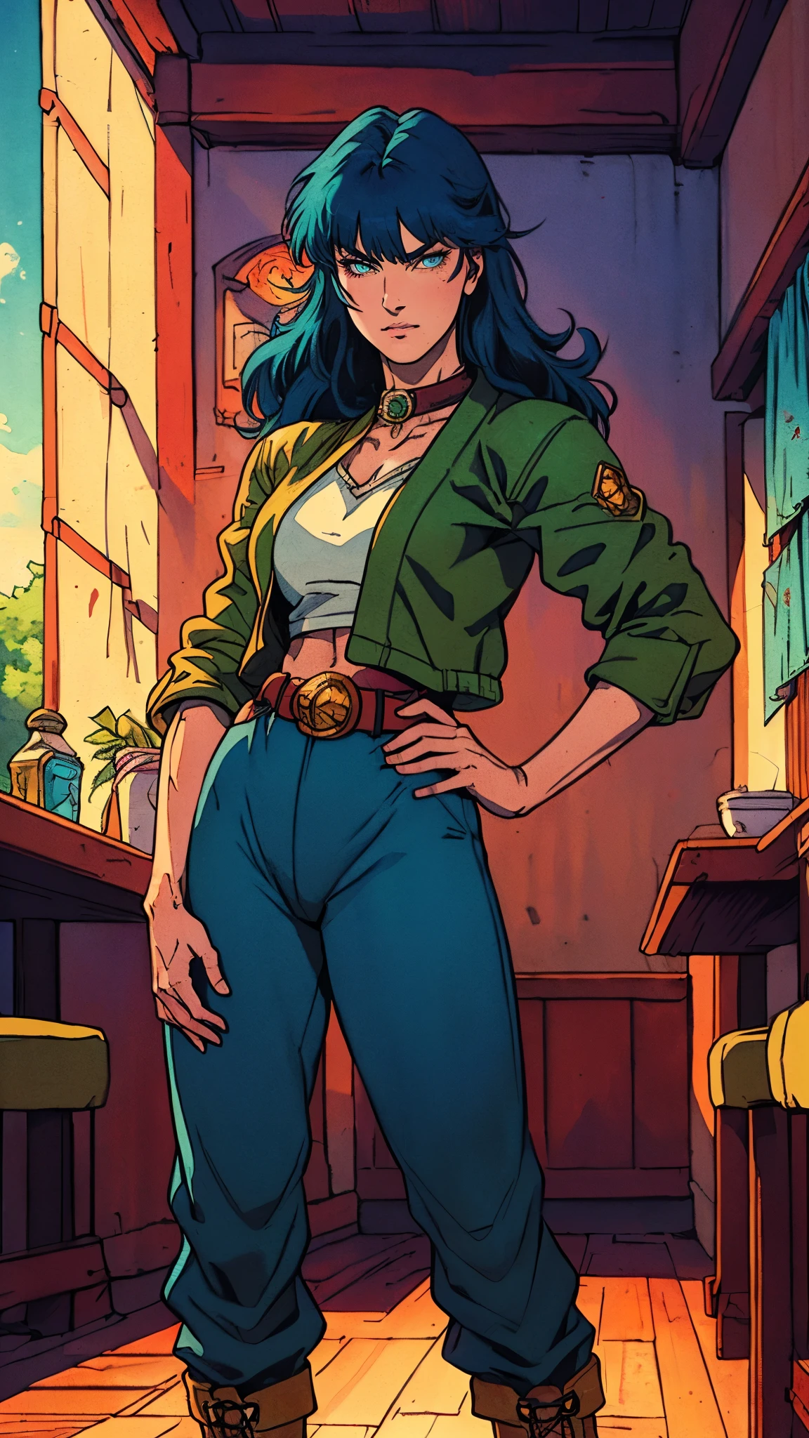 ((A young woman with flowing long dark blue hair, long side part bangs covering the right side of her face, sharp upward-arched thick eyebrows, large expressive eyes, a delicate oval face, a sensual wide mouth, a mocking expression, a fantasy martial arts-style emerald green short jacket with a blue undershirt, a high collar, rolled-up sleeves, matching fabric pants, a yellow waist belt, leather combat boots, one hand rests on her hip, surrounded by a cyan energy aura, standing in a fantasy style Chinese tavern)), this character embodies a finely crafted a fantasy martial arts heroine in anime style, exquisite and mature manga art style, pale skin, high definition, best quality, highres, ultra-detailed, ultra-fine painting, extremely delicate, professional, anatomically correct, symmetrical face, extremely detailed eyes and face, high quality eyes, creativity, RAW photo, UHD, 32k, Natural light, cinematic lighting, masterpiece-anatomy-perfect, masterpiece:1.5