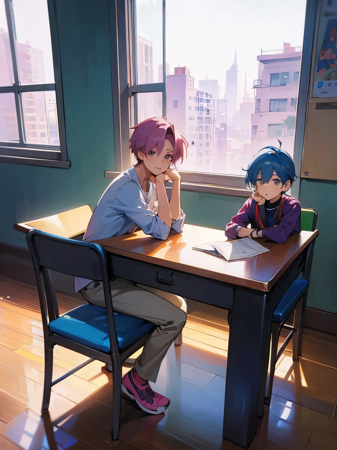 cartoon of two boys sitting at a table with a book and a backpack, ddlc, in the art style of 8 0 s anime, 9 0 s anime style, 90s anime style, in anime style, in an anime style, anime aesthetic, anime vibes, 9 0 s anime aesthetic, 9 0 s anime art style, lofi boy, typical anime classroom, beautiful background window, two cute boys, beautiful faces