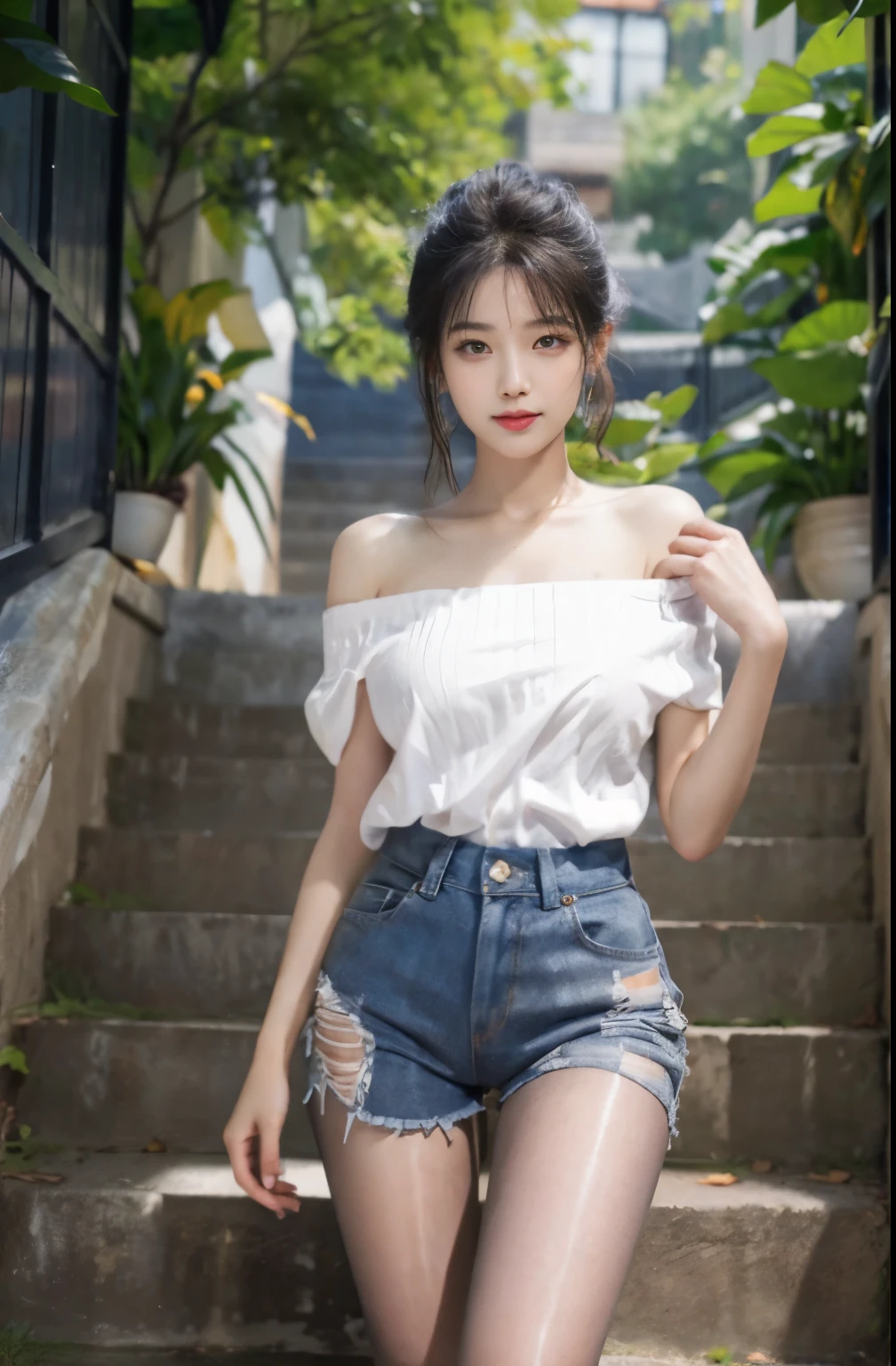 highest quality, masterpiece, high detail, 16K quality,(Transparent and shiny light gray pantyhose),Authentic texture that will satisfy pantyhose fetishists,dark brown eyes, white off shoulder blouse,denim short pants、brown hair,bangs、school stairs, Pose that sticks out the chest, Pose showing off your chest, 16K photos, High resolution, 20 year old beautiful Korean, Beautiful eyes in detail, long eyelashes, beautiful double eyelids, eye shadow, eyeliner, narrow eyes, elongated eye shape, Three white eyes, evil smile, very slender and beautiful legs, Beautiful very thin thighs, random medium hair, hair tied at the back of the head, earrings