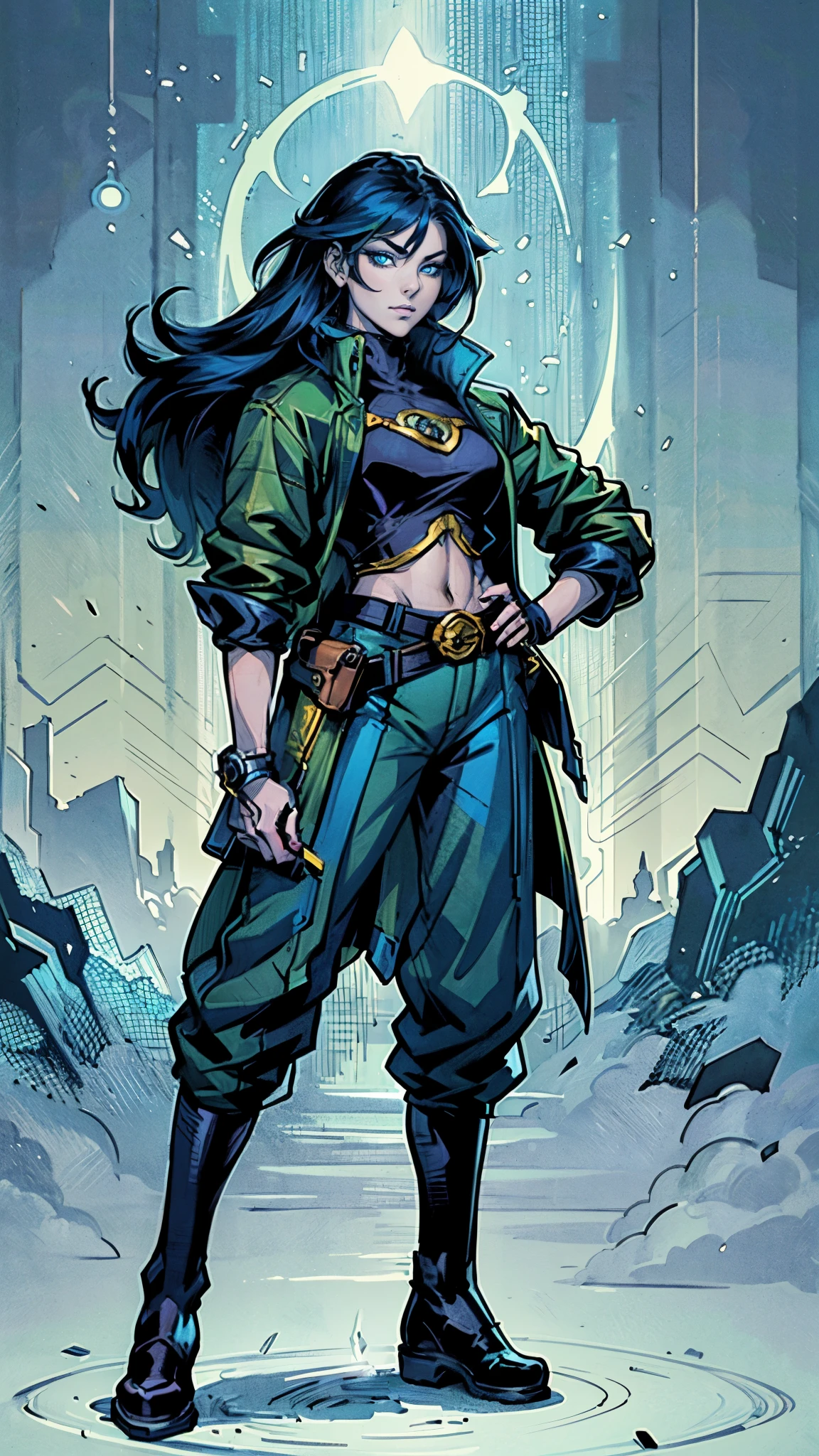 ((A young woman with flowing long dark blue hair, long side part bangs covering the right side of her face, sharp upward-arched thick eyebrows, large expressive eyes, a delicate oval face, a sensual wide mouth, a mocking expression, a fantasy martial arts-style emerald green short jacket with a blue undershirt, a high collar, rolled-up sleeves, matching fabric pants, a yellow waist belt, leather combat boots, one hand rests on her hip, surrounded by a cyan energy aura, standing in a fantasy style Chinese tavern)), this character embodies a finely crafted a fantasy martial arts heroine in anime style, exquisite and mature manga art style, pale skin, high definition, best quality, highres, ultra-detailed, ultra-fine painting, extremely delicate, professional, anatomically correct, symmetrical face, extremely detailed eyes and face, high quality eyes, creativity, RAW photo, UHD, 32k, Natural light, cinematic lighting, masterpiece-anatomy-perfect, masterpiece:1.5