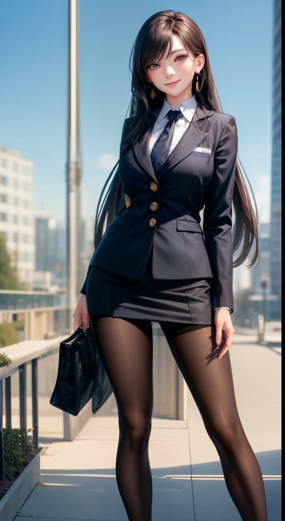 ((((perfect anatomy, super dense skin)))),(8K, highest quality, masterpiece:1.2),
(realistic, realistic:1.37),
Super detailed,
1 girl, full body esbian, outdoor, (adjust hair:1.5)
office lady, black office blazer, office skirt, (pantyhose black stockings:1.2), (down shirt with short buttons:1.2), Up collar prim with buttons, button down collar prim, good, (pantyhose:1.2), alpha layer, high heels,
beautiful earrings,
cute,
alone,
beautiful detailed sky,
(smile:1.15),
(closed mouth),
small breasts,
detailed and beautiful eyes,
business suit,
(long hair:1.2),
Floating hair NovaFrogStyle,