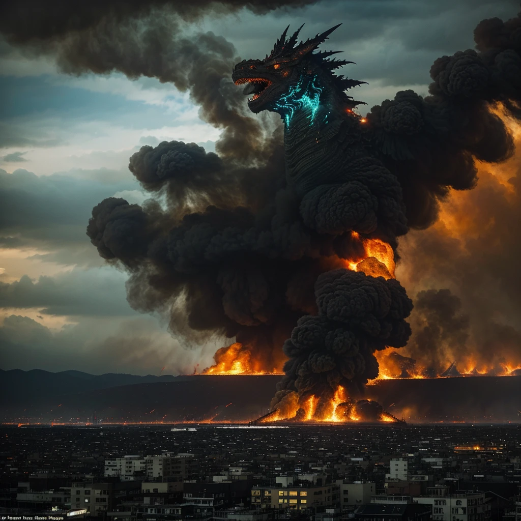a massive, towering, and awe-inspiring creature, destroying a city with its immense power and destructive force, wreaking havoc wherever it goes, chaos and panic filling the streets, terrified people running for their lives, crumbling buildings and debris flying through the air, fire and smoke billowing from the destruction, a trail of devastation in its wake, the cityscape aflame with flames of orange and red, the sky darkened by the smoke, the ground shaking with each thunderous step of the colossal monster, a sense of impending doom and hopelessness, the sheer scale and power of Godzilla's presence overwhelming and humbling, a battle between Godzilla and military forces, desperate attempts to stop the unstoppable force, explosions and gunfire lighting up the night, the determination and bravery of the soldiers, the fear and desperation in their eyes, the contrast between the fragility of human civilization and the unstoppable force of nature personified by Godzilla, a reflection on the destructive power of mankind and the consequences of our actions, a reminder of the consequences of our hubris and the need to find a balance with the natural world, a scene of destruction and chaos that leaves a lasting impact on the viewer's mind, a true masterpiece of cinematic artistry, evoking a mix of fear, awe, and reflection.