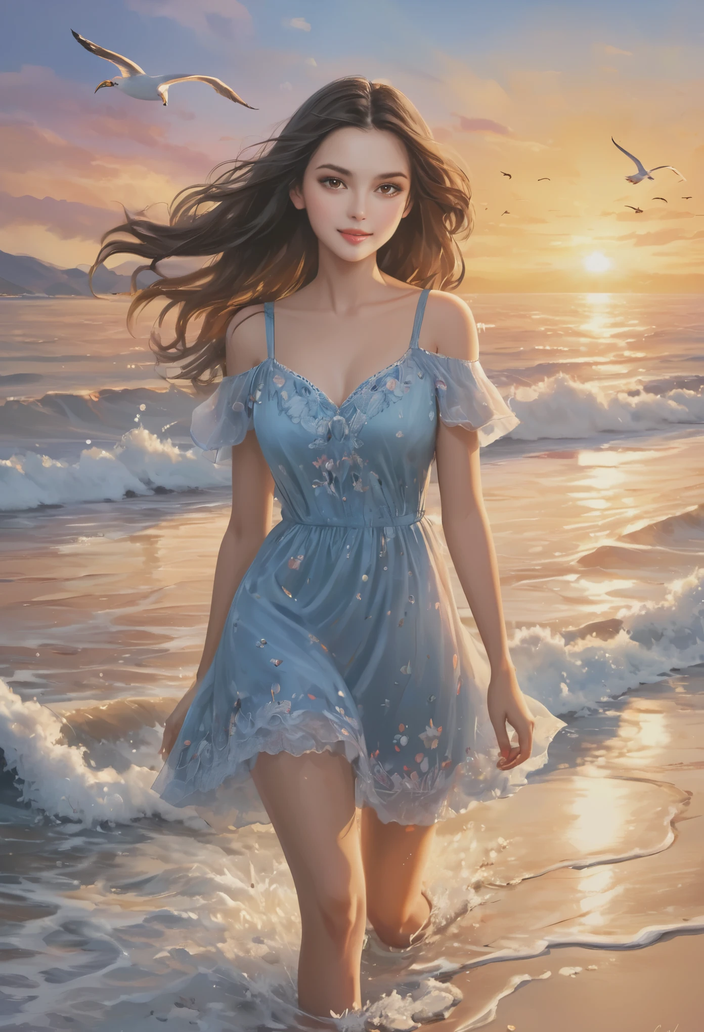 (best quality,4k,8k,highres,masterpiece:1.2),ultra-detailed,(realistic,photorealistic,photo-realistic:1.37),pretty brunette woman,beautiful detailed eyes,beautiful detailed lips,extremely detailed eyes and face,long black hair,aerial view,walking along the beach,ocean waves crashing,soft sand beneath her feet,sunlight casting a warm glow,gentle breeze,seagulls flying in the distance,serene and peaceful atmosphere,distant mountains on the horizon,golden hour lighting,colorful sunset sky,flowing dress,relaxed and confident expression,subtle makeup,natural beauty,hint of a smile,beach shells scattered along the shore,sparkling water reflections,clear blue sky,vibrant colors,ethereal and dreamy feeling,brush strokes reminiscent of classical oil painting,impressionistic style.