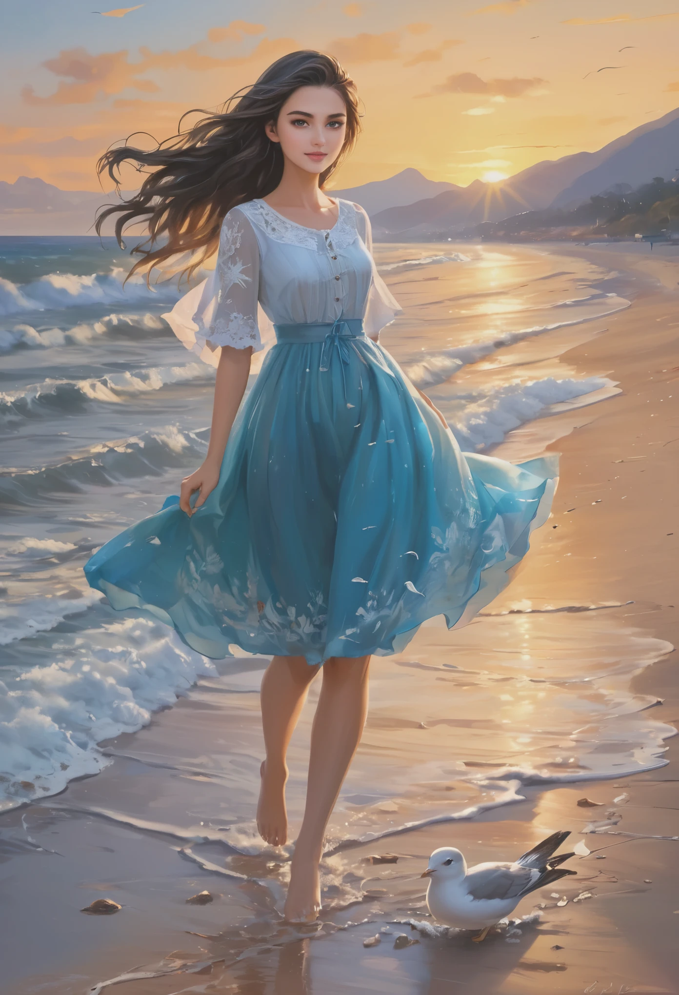 (best quality,4k,8k,highres,masterpiece:1.2),ultra-detailed,(realistic,photorealistic,photo-realistic:1.37),pretty brunette woman,beautiful detailed eyes,beautiful detailed lips,extremely detailed eyes and face,long black hair,aerial view,walking along the beach,ocean waves crashing,soft sand beneath her feet,sunlight casting a warm glow,gentle breeze,seagulls flying in the distance,serene and peaceful atmosphere,distant mountains on the horizon,golden hour lighting,colorful sunset sky,flowing dress,relaxed and confident expression,subtle makeup,natural beauty,hint of a smile,beach shells scattered along the shore,sparkling water reflections,clear blue sky,vibrant colors,ethereal and dreamy feeling,brush strokes reminiscent of classical oil painting,impressionistic style.