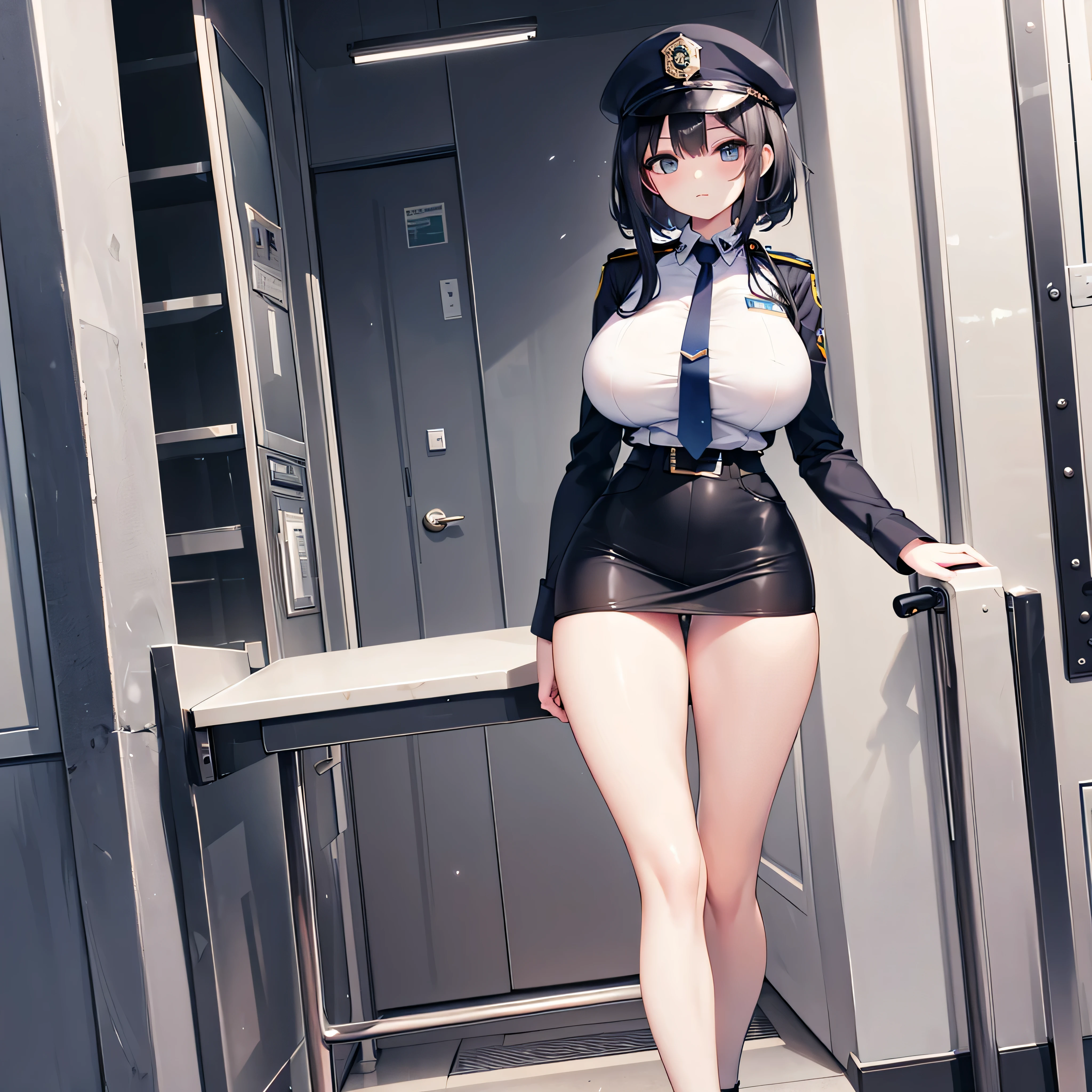(solo), (1 policewoman), very tight miniskirt, thigh gap, highheels, narrow shoulders, (bursting disproportionately huge breasts), narrow waist, skinny long legs