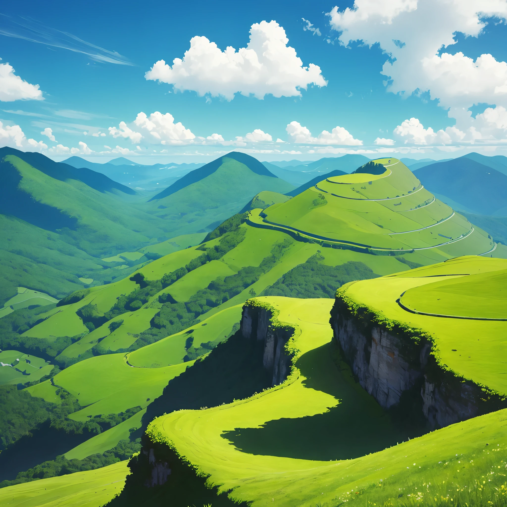 a green mountain, with a semi clear sky, extremely wide shot