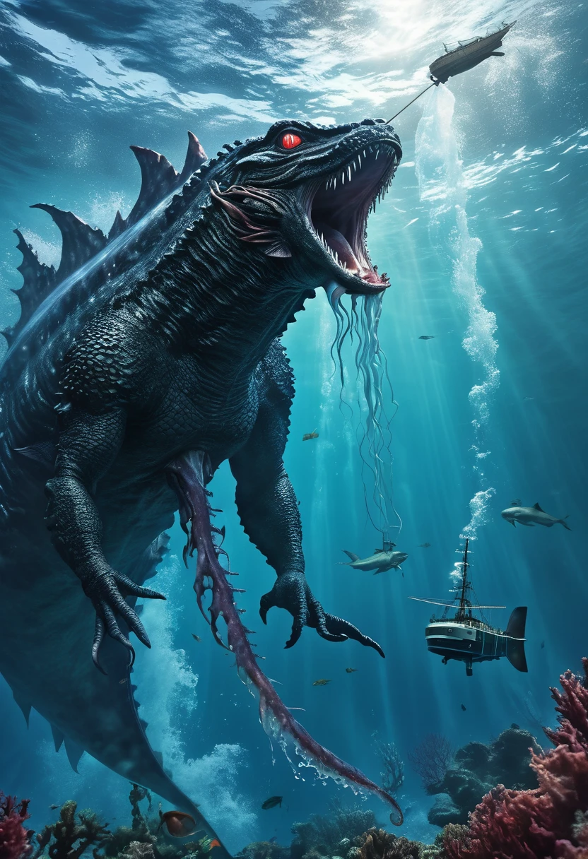 Godzilla catches a giant squid and eats it, titanic battle underwater, high fantasy