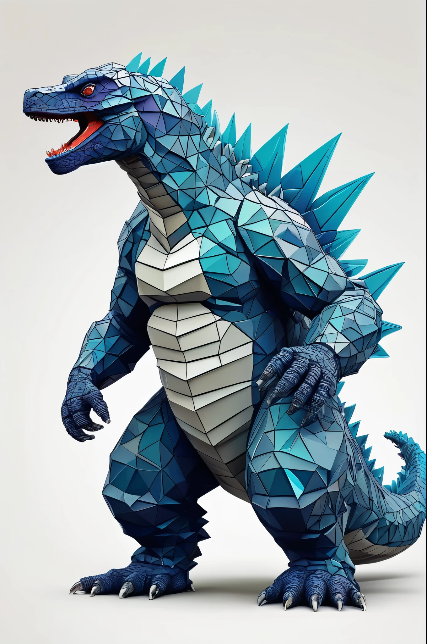 (full body) Intricate coloring vector graphic logo illustration design of a Godzilla for t-shirt, polygonal, high resolution, kawaii, cute, Elegant, sophisticated, muted color scheme, subtle gradients, hyper detailed, trending at artstation, sharp focus, studio photography, intricate detail, highly detailed, centered, perfect symmetrical, bright color, solid white background, made with adobe illustrator, in the style of Studio Gibli, 3d style