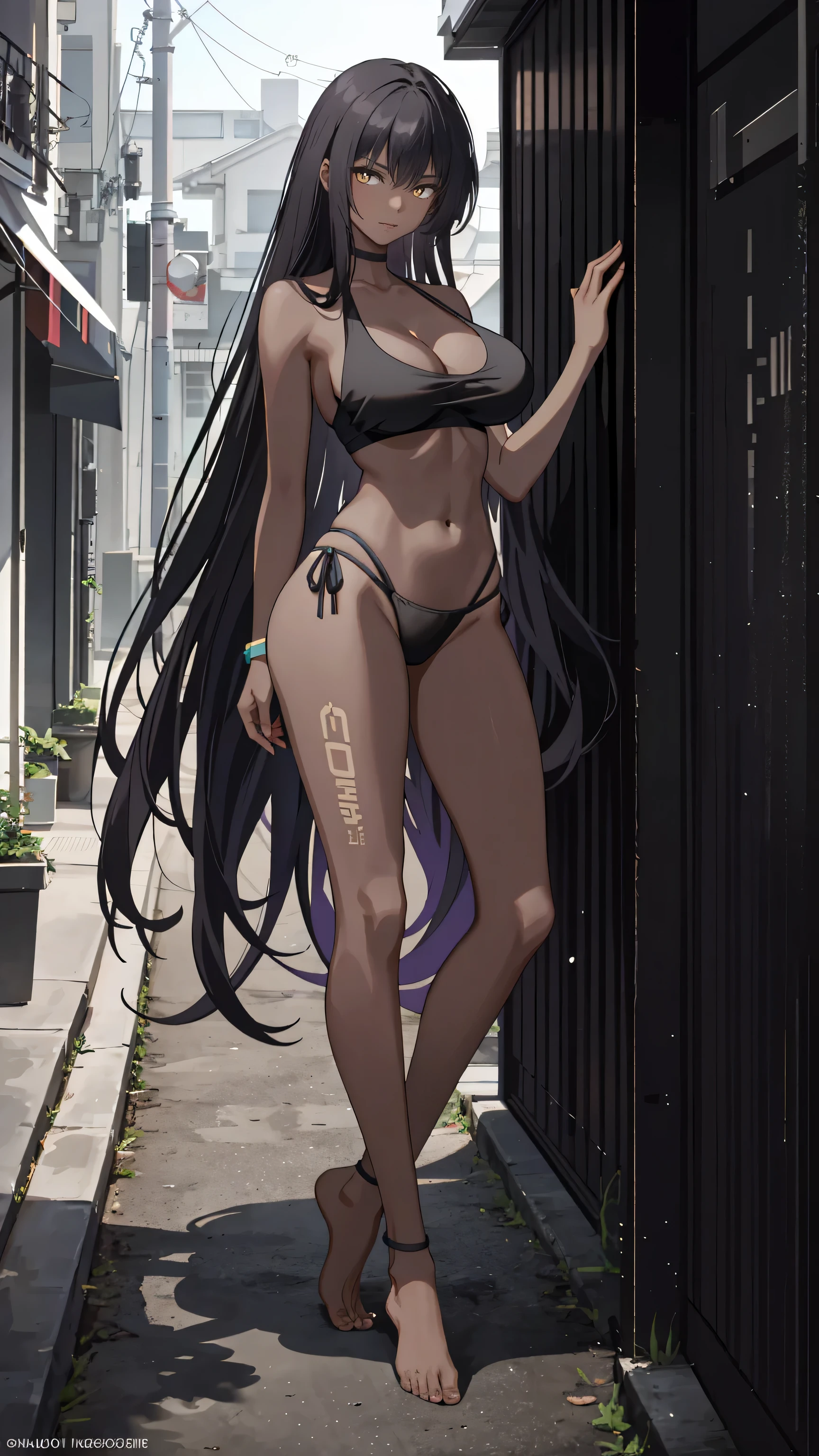 Masterpiece, best quality, high resolution, 1 woman, black skin , long black hair , black tank top , bikini , abdomen , big breasts, Long legs , Barefoot , Stand with feet hips.. , alley , roadside , population