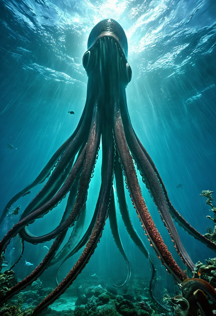 (giant squid,giant squid tentacles,Godzilla,eating,underwater,titanic battle underwater,battle,stunning visual effects,detailed textures,awe-inspiring,mythical creatures,magical powers,high fantasy,ancient ruins,treasure,torrential waves,fierce lightning,destructive force,majestic,ancient myths,mysterious,legendary)