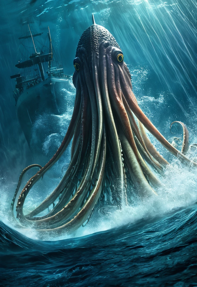 (giant squid,giant squid tentacles,Godzilla,eating,underwater,titanic battle underwater,battle,stunning visual effects,detailed textures,awe-inspiring,mythical creatures,magical powers,high fantasy,ancient ruins,treasure,torrential waves,fierce lightning,destructive force,majestic,ancient myths,mysterious,legendary)