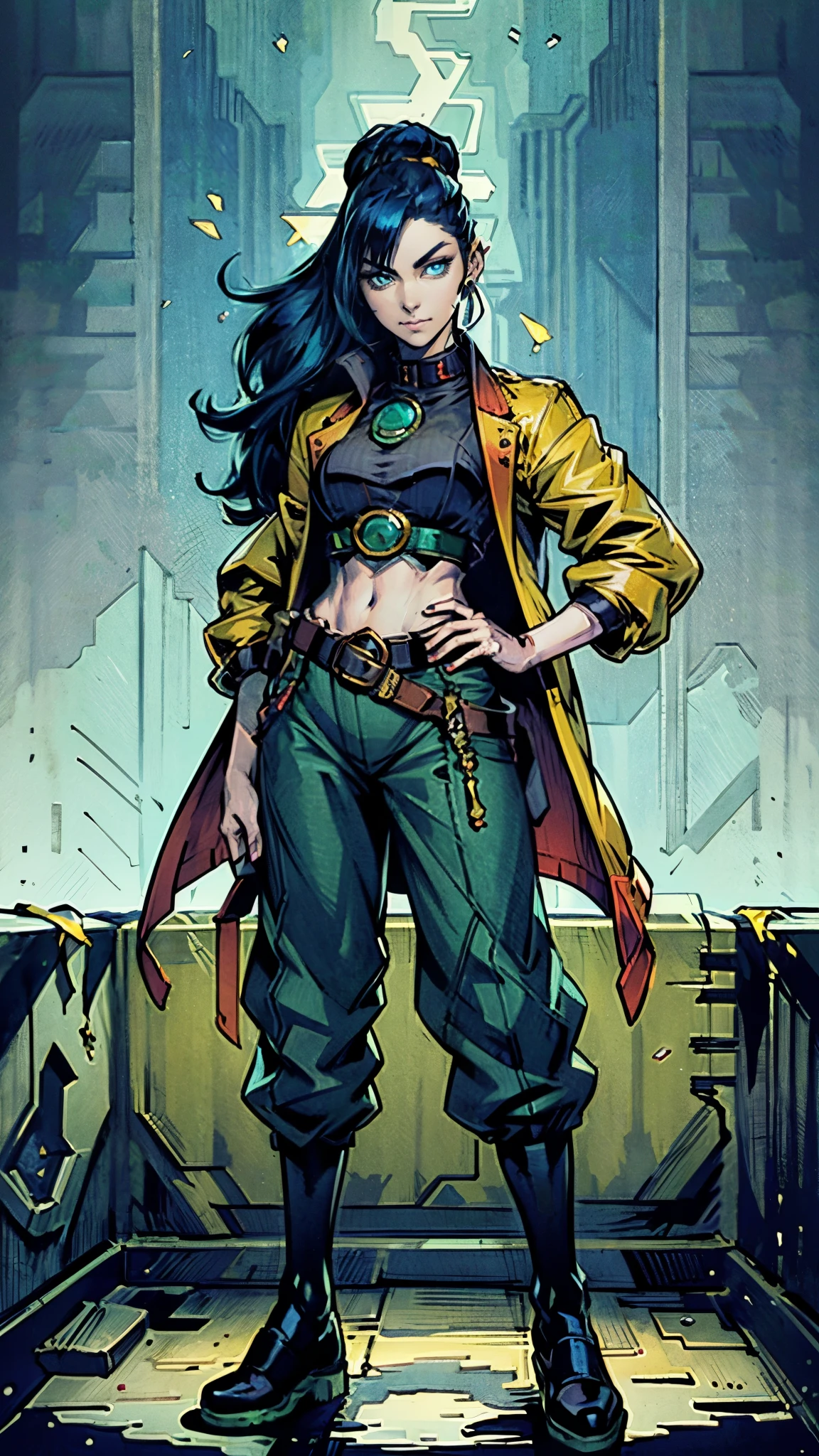 ((A young woman with flowing long dark blue hair, long side part bangs covering the right side of her face, sharp upward-arched thick eyebrows, large expressive eyes, a delicate oval face, a sensual wide mouth, a mocking expression, a fantasy martial arts-style emerald green short jacket with a blue undershirt, a high collar, rolled-up sleeves, matching fabric pants, a yellow waist belt, leather combat boots, one hand rests on her hip, surrounded by a cyan energy aura, standing in a fantasy style Chinese tavern)), this character embodies a finely crafted a fantasy martial arts heroine in anime style, exquisite and mature manga art style, pale skin, high definition, best quality, highres, ultra-detailed, ultra-fine painting, extremely delicate, professional, anatomically correct, symmetrical face, extremely detailed eyes and face, high quality eyes, creativity, RAW photo, UHD, 32k, Natural light, cinematic lighting, masterpiece-anatomy-perfect, masterpiece:1.5