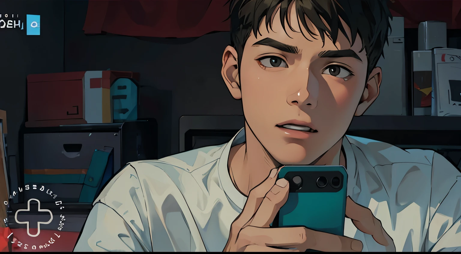estilo anime 2d. hay un joven lindo asustado ve algo terrorifico siente miedo nervios joven esta mirando a alguien
