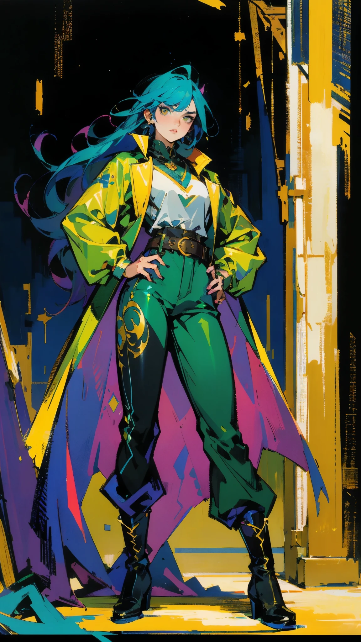 ((A young woman with flowing long dark blue hair, long side part bangs covering the right side of her face, sharp upward-arched thick eyebrows, large expressive eyes, a delicate oval face, a sensual wide mouth, a mocking expression, a fantasy martial arts-style emerald green short jacket with a blue undershirt, a high collar, rolled-up sleeves, matching fabric pants, a yellow waist belt, leather combat boots, one hand rests on her hip, surrounded by a cyan energy aura, standing in a fantasy style Chinese tavern)), this character embodies a finely crafted a fantasy martial arts heroine in anime style, exquisite and mature manga art style, pale skin, high definition, best quality, highres, ultra-detailed, ultra-fine painting, extremely delicate, professional, anatomically correct, symmetrical face, extremely detailed eyes and face, high quality eyes, creativity, RAW photo, UHD, 32k, Natural light, cinematic lighting, masterpiece-anatomy-perfect, masterpiece:1.5
