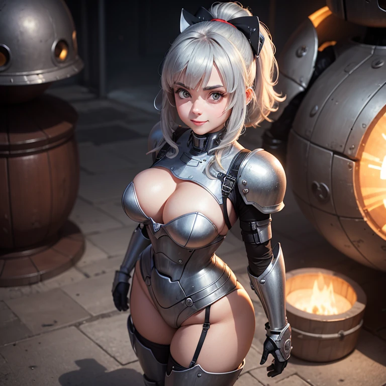18-year-old, female, big head, big eyes, big smile, standing in front of tin man looking robot, dark, mysterious robot cheaply made female, obviously unafraid of 10 robot she is scantily clad has big combat boots on, and seems quite happy