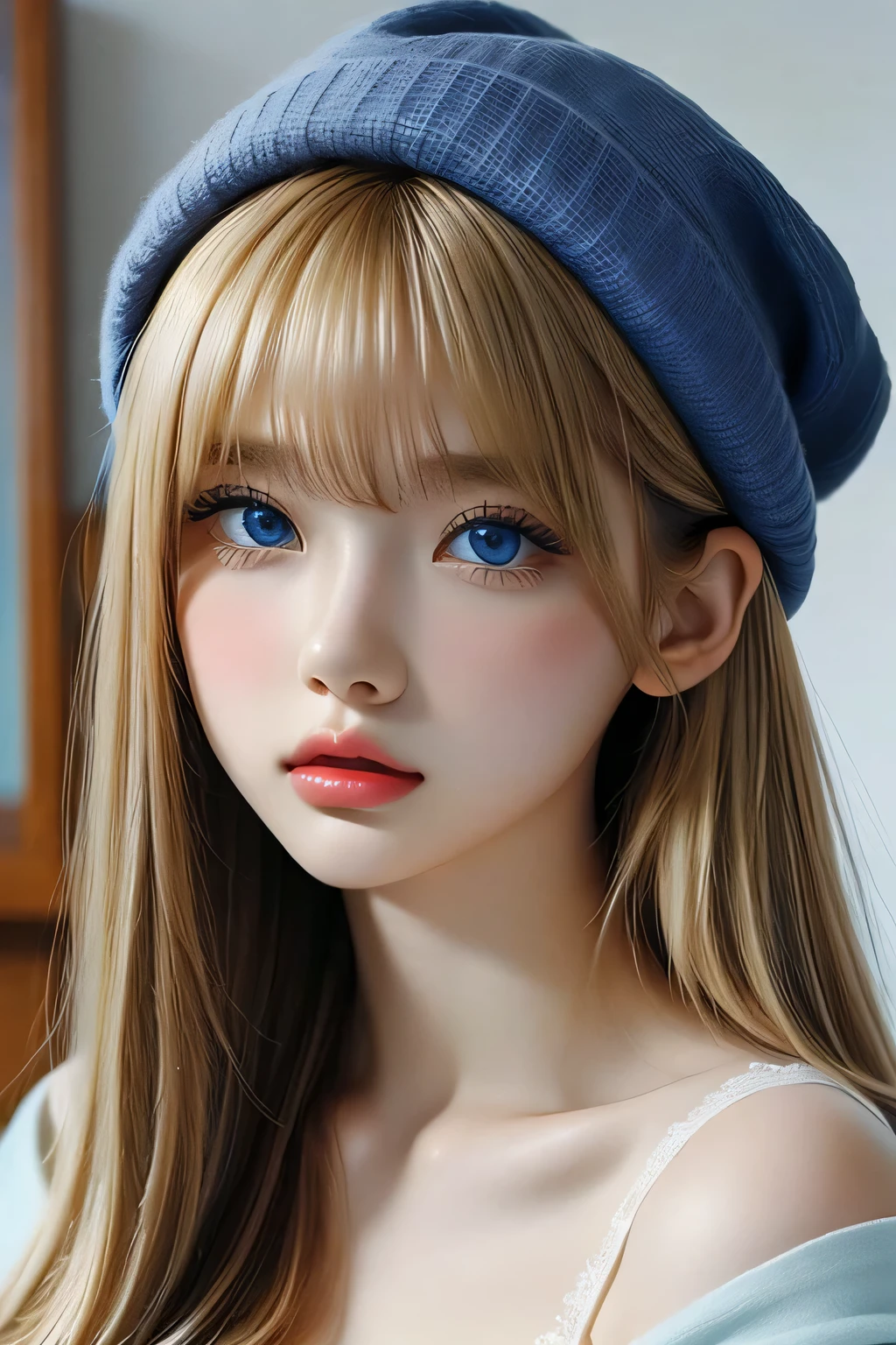 Attractive Russian model Nata Lee, Close-up of a woman with a blue blanket on her head, bright blonde hair、blue eyes, beautiful blonde girl, Wearing a blue cloak, ukrainian girl, bright blonde hairとblue eyes, bright blonde hairblue eyes, Anna Nikonova、Also known as New Milky, long bright blonde hairとblue eyes, 鮮やかなwith blue eyes, blue eyesとbright blonde hair, very beautiful woman, with blue eyes, masterpiece, 8K, cleavage, big , bust details, hair details, eye details