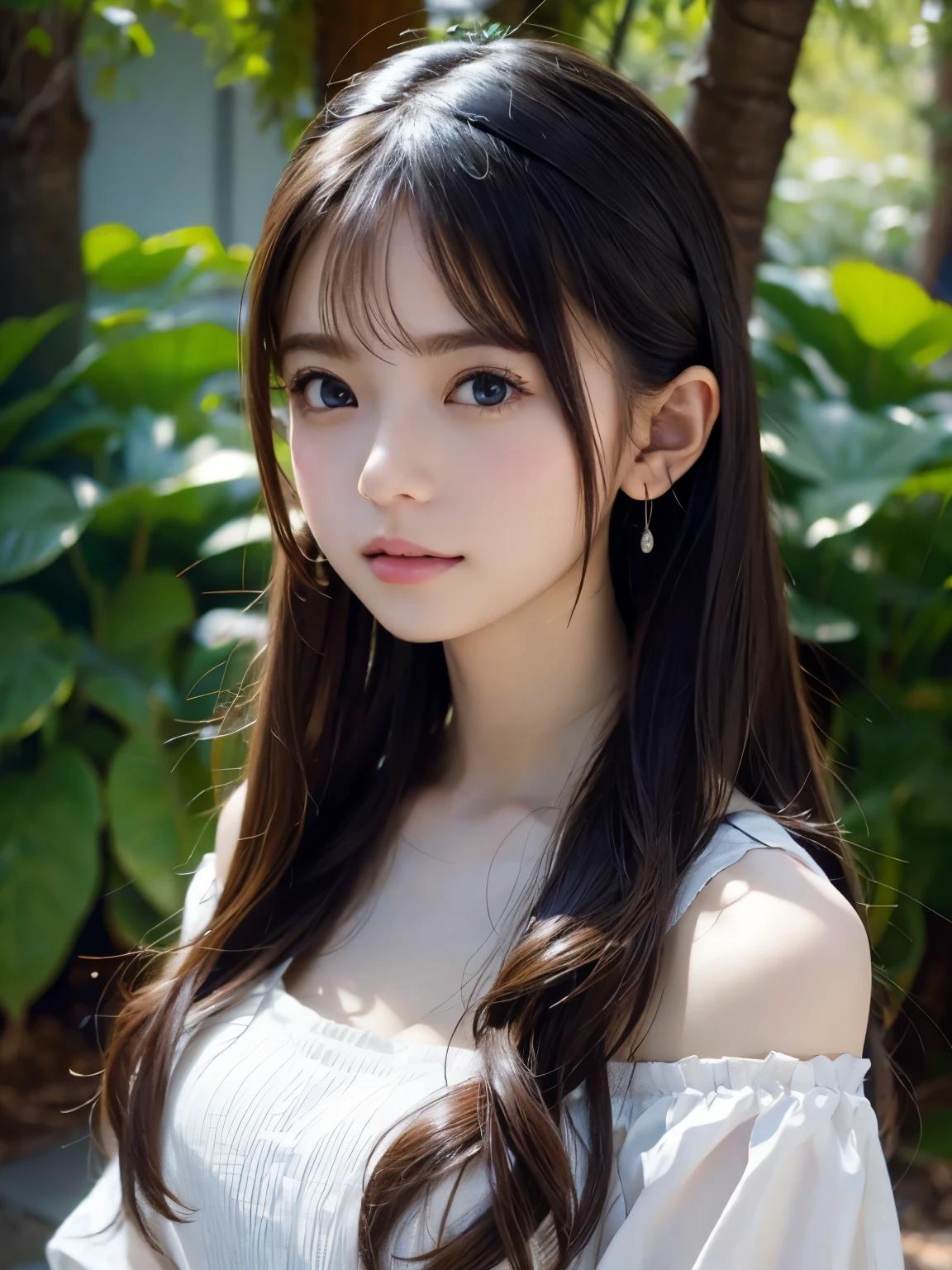 Image from the chest up:1.6)、laughter、Close-up portrait of a girl wearing only a white off-shoulder top dress and earrings, soft portrait shot 8k, nice delicate face, High quality 4K portraits, high quality portrait, soft and perfect pale skin, 8K highly detailed face, なbeautiful繊細な顔, beautiful光の大きな目, beautiful and realistic face, beautiful18old girl, beautiful and realistic face, cute18old girl