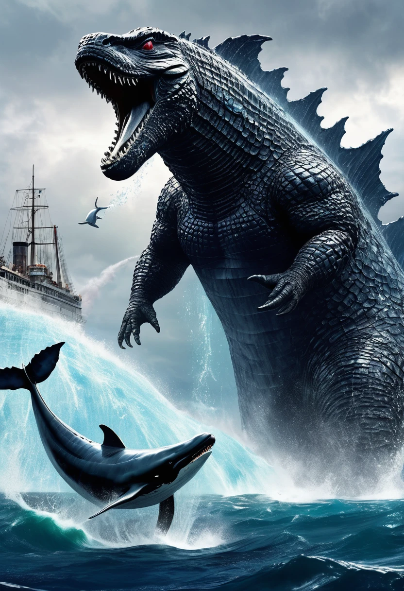 Godzilla catches a whale and eats it, titanic battle underwater, high fantasy