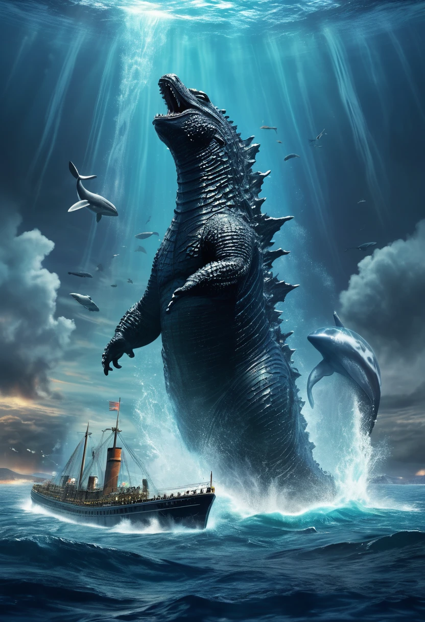 Godzilla catches a whale and eats it, titanic battle underwater, high fantasy