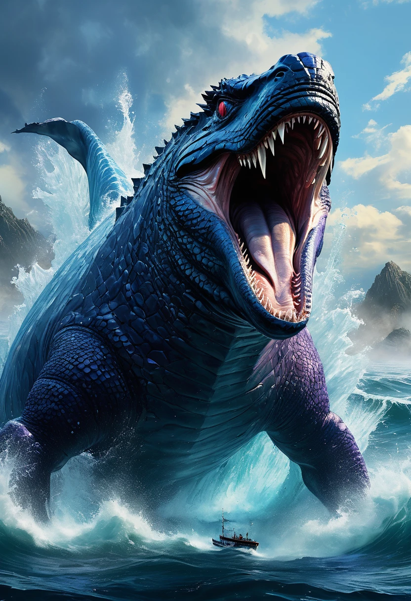 In a titanic battle underwater, Godzilla catches a whale and devours it. The scene depicts a visually stunning clash between the colossal sea creature and the gigantic whale. The artwork is executed in a medium that resembles a highly detailed oil painting. 

The entire composition is distinguished by its ultra-detailed elements, ensuring the best quality and high-resolution. The vivid colors in the painting contribute to the overall visual impact, creating a dynamic and captivating scene. The lighting effects showcase the underwater environment, with rays of light penetrating the deep blue depths, illuminating the fierce battle.

Godzilla, with its immense size and scale, dominates the center of the composition. Its scales glisten under the water, showcasing extreme detail description. The ferocious creature is depicted with realistic, photorealistic features, ranging from its detailed eyes and muscular form to its razor-sharp teeth and powerful claws. As water splashes around it, the painting captures the essence of movement and dynamism.

The captured whale, equally detailed and majestic, struggles against the immense power of Godzilla. Its body contorts under the monster's grip, with water droplets cascading around it. The painting emphasizes the sleekness of its skin and the intricate patterns that adorn it, showcasing the beauty and majesty of the underwater world.

The high fantasy atmosphere is enhanced by the addition of otherworldly elements such as floating debris, mysterious creatures lurking in the background, and magical artifacts dotting the ocean floor. These elements contribute to the overall narrative and ensure a captivating and fantastical experience.

The color scheme used in the artwork focuses on deep blues and purples, reminiscent of the depths of the ocean. It creates an otherworldly ambiance and adds a touch of mystery to the scene. The play of light and shadows further accentuates the dramatic nature of the battle and adds depth and dimens