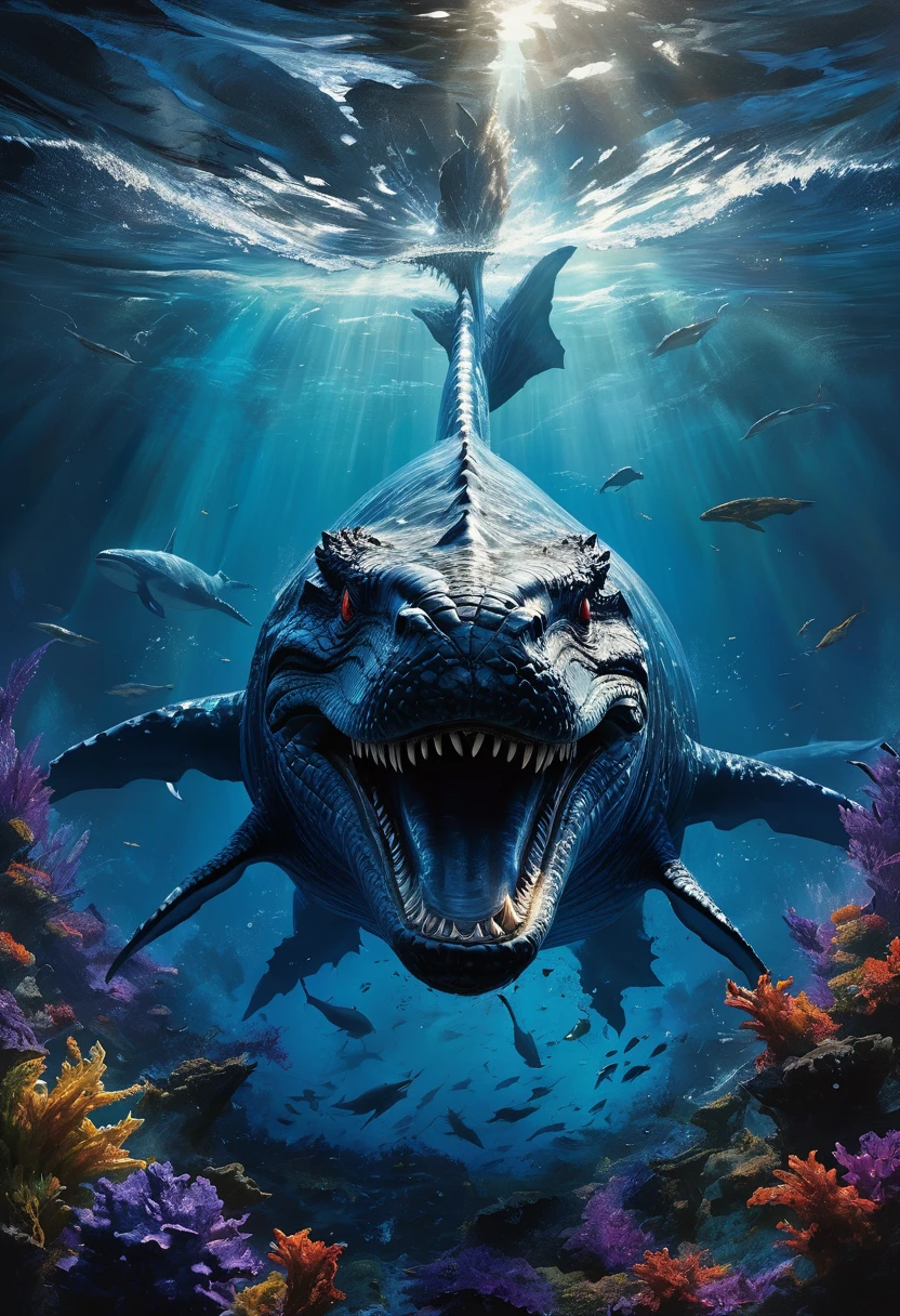 In a titanic battle underwater, Godzilla catches a whale and devours it. The scene depicts a visually stunning clash between the colossal sea creature and the gigantic whale. The artwork is executed in a medium that resembles a highly detailed oil painting.
The entire composition is distinguished by its ultra-detailed elements, ensuring the best quality and high-resolution. The vivid colors in the painting contribute to the overall visual impact, creating a dynamic and captivating scene. The lighting effects showcase the underwater environment, with rays of light penetrating the deep blue depths, illuminating the fierce battle.
Godzilla, with its immense size and scale, dominates the center of the composition. Its scales glisten under the water, showcasing extreme detail description. The ferocious creature is depicted with realistic, photorealistic features, ranging from its detailed eyes and muscular form to its razor-sharp teeth and powerful claws. As water splashes around it, the painting captures the essence of movement and dynamism.
The captured whale, equally detailed and majestic, struggles against the immense power of Godzilla. Its body contorts under the monster's grip, with water droplets cascading around it. The painting emphasizes the sleekness of its skin and the intricate patterns that adorn it, showcasing the beauty and majesty of the underwater world.
The high fantasy atmosphere is enhanced by the addition of otherworldly elements such as floating debris, mysterious creatures lurking in the background, and magical artifacts dotting the ocean floor. These elements contribute to the overall narrative and ensure a captivating and fantastical experience.
The color scheme used in the artwork focuses on deep blues and purples, reminiscent of the depths of the ocean. It creates an otherworldly ambiance and adds a touch of mystery to the scene. The play of light and shadows further accentuates the dramatic nature of the battle and adds depth and dimens