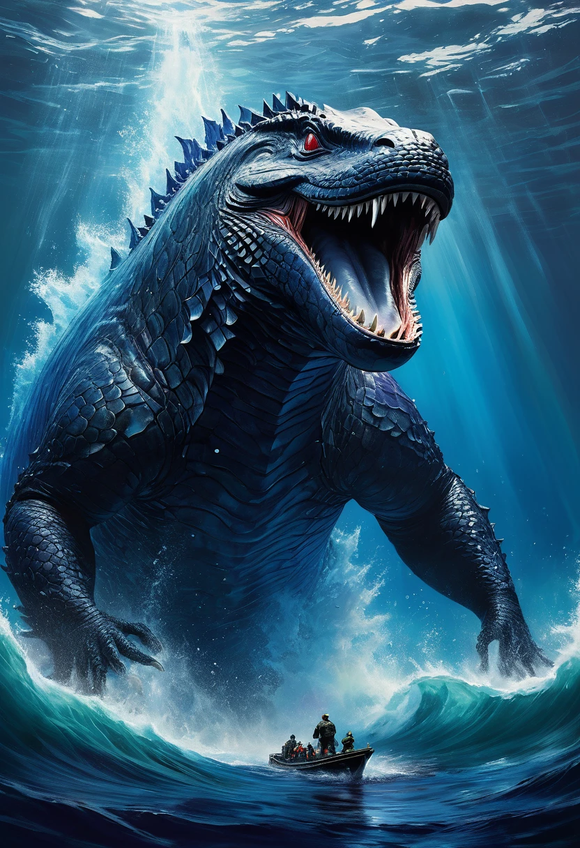 In a titanic battle underwater, Godzilla catches a whale and devours it. The scene depicts a visually stunning clash between the colossal sea creature and the gigantic whale. The artwork is executed in a medium that resembles a highly detailed oil painting.
The entire composition is distinguished by its ultra-detailed elements, ensuring the best quality and high-resolution. The vivid colors in the painting contribute to the overall visual impact, creating a dynamic and captivating scene. The lighting effects showcase the underwater environment, with rays of light penetrating the deep blue depths, illuminating the fierce battle.
Godzilla, with its immense size and scale, dominates the center of the composition. Its scales glisten under the water, showcasing extreme detail description. The ferocious creature is depicted with realistic, photorealistic features, ranging from its detailed eyes and muscular form to its razor-sharp teeth and powerful claws. As water splashes around it, the painting captures the essence of movement and dynamism.
The captured whale, equally detailed and majestic, struggles against the immense power of Godzilla. Its body contorts under the monster's grip, with water droplets cascading around it. The painting emphasizes the sleekness of its skin and the intricate patterns that adorn it, showcasing the beauty and majesty of the underwater world.
The high fantasy atmosphere is enhanced by the addition of otherworldly elements such as floating debris, mysterious creatures lurking in the background, and magical artifacts dotting the ocean floor. These elements contribute to the overall narrative and ensure a captivating and fantastical experience.
The color scheme used in the artwork focuses on deep blues and purples, reminiscent of the depths of the ocean. It creates an otherworldly ambiance and adds a touch of mystery to the scene. The play of light and shadows further accentuates the dramatic nature of the battle and adds depth and dimens