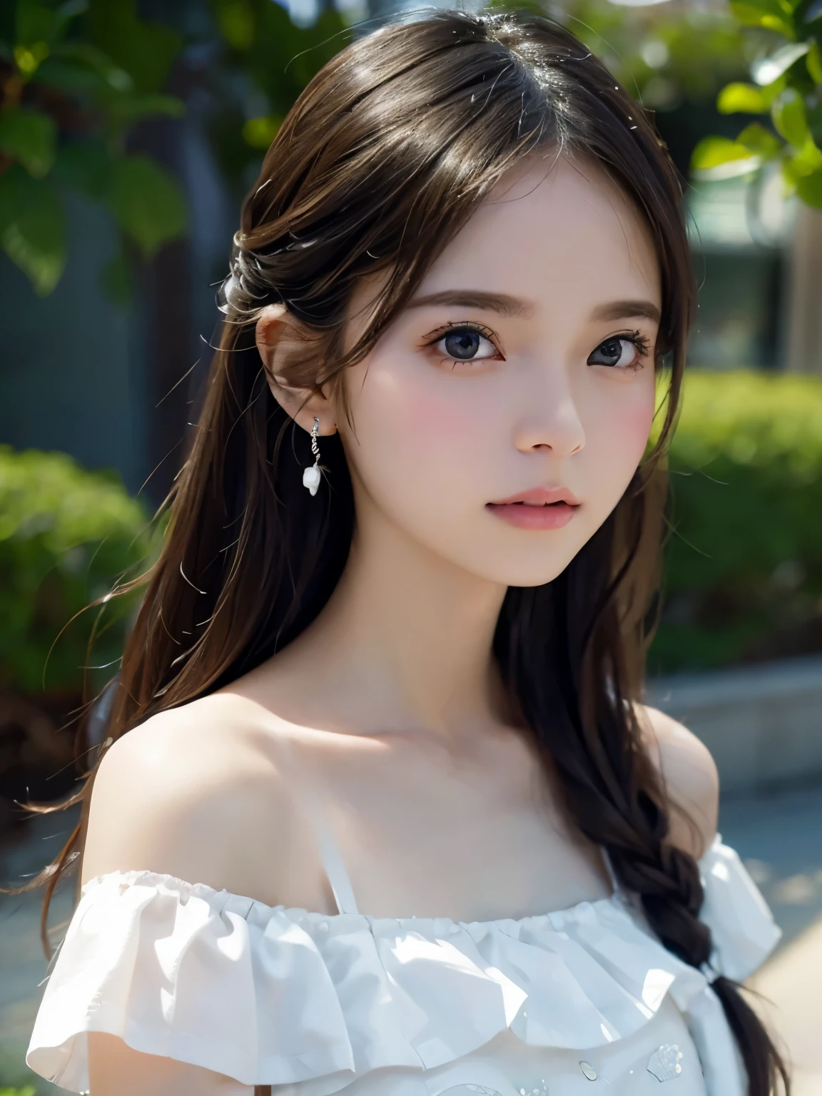 Image from the chest up:1.6)、laughter、Close-up portrait of a girl wearing only a white off-shoulder top dress and earrings, soft portrait shot 8k, nice delicate face, High quality 4K portraits, high quality portrait, soft and perfect pale skin, 8K highly detailed face, なbeautiful繊細な顔, beautiful光の大きな目, beautiful and realistic face, beautiful18old girl, beautiful and realistic face, cute18old girl