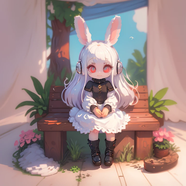 Voxels,(3D Big Pixel Art,3D Pixel Art),White background,Large pixels,solo,#1 girl(3D Pixel Art:2.0,Chibi,cute,kawaii,headphone,white hair,long,hair,rabbit ear,white dress,red eyes,big eyes,skin color white,sitting down),(3D Pixel Art)