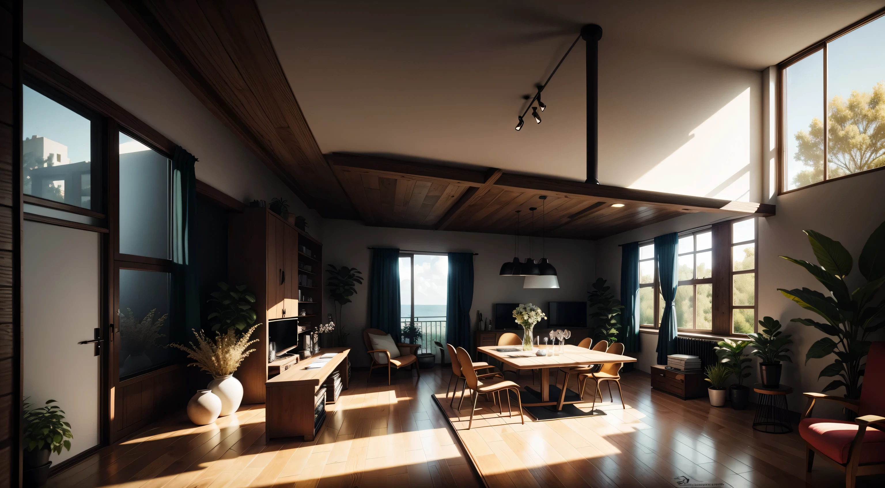 there is a long table with chairs and a vase of flowers in the middle of the room, renderizado em Enscape, insanely detailed rendering, detailed rendering, realistic physics rendering, highly detailed rendering, well lit 3d rendering, rendered lighting, renderizado no motor irreal 5, detailed renderings, fully detailed rendering, renderizado no motor irreal 6, renderizado no lumion pro