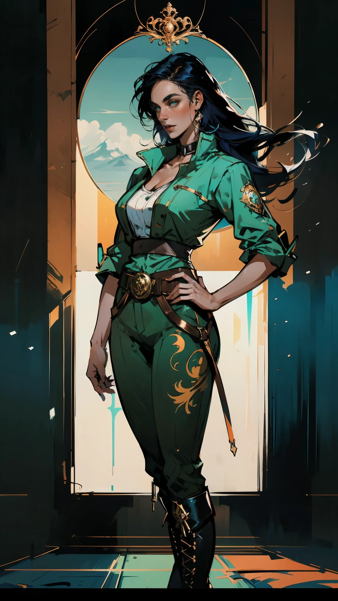 ((A young woman with flowing long dark blue hair, long side part bangs covering the right side of her face, sharp upward-arched thick eyebrows, large expressive eyes, a delicate oval face, a sensual wide mouth, a mocking expression, a fantasy martial arts-style emerald green short jacket with a blue undershirt, a high collar, rolled-up sleeves, matching fabric pants, a yellow waist belt, leather combat boots, one hand rests on her hip, surrounded by a cyan energy aura, standing in a fantasy style Chinese tavern)), this character embodies a finely crafted a fantasy martial arts heroine in anime style, exquisite and mature manga art style, pale skin, high definition, best quality, highres, ultra-detailed, ultra-fine painting, extremely delicate, professional, anatomically correct, symmetrical face, extremely detailed eyes and face, high quality eyes, creativity, RAW photo, UHD, 32k, Natural light, cinematic lighting, masterpiece-anatomy-perfect, masterpiece:1.5
