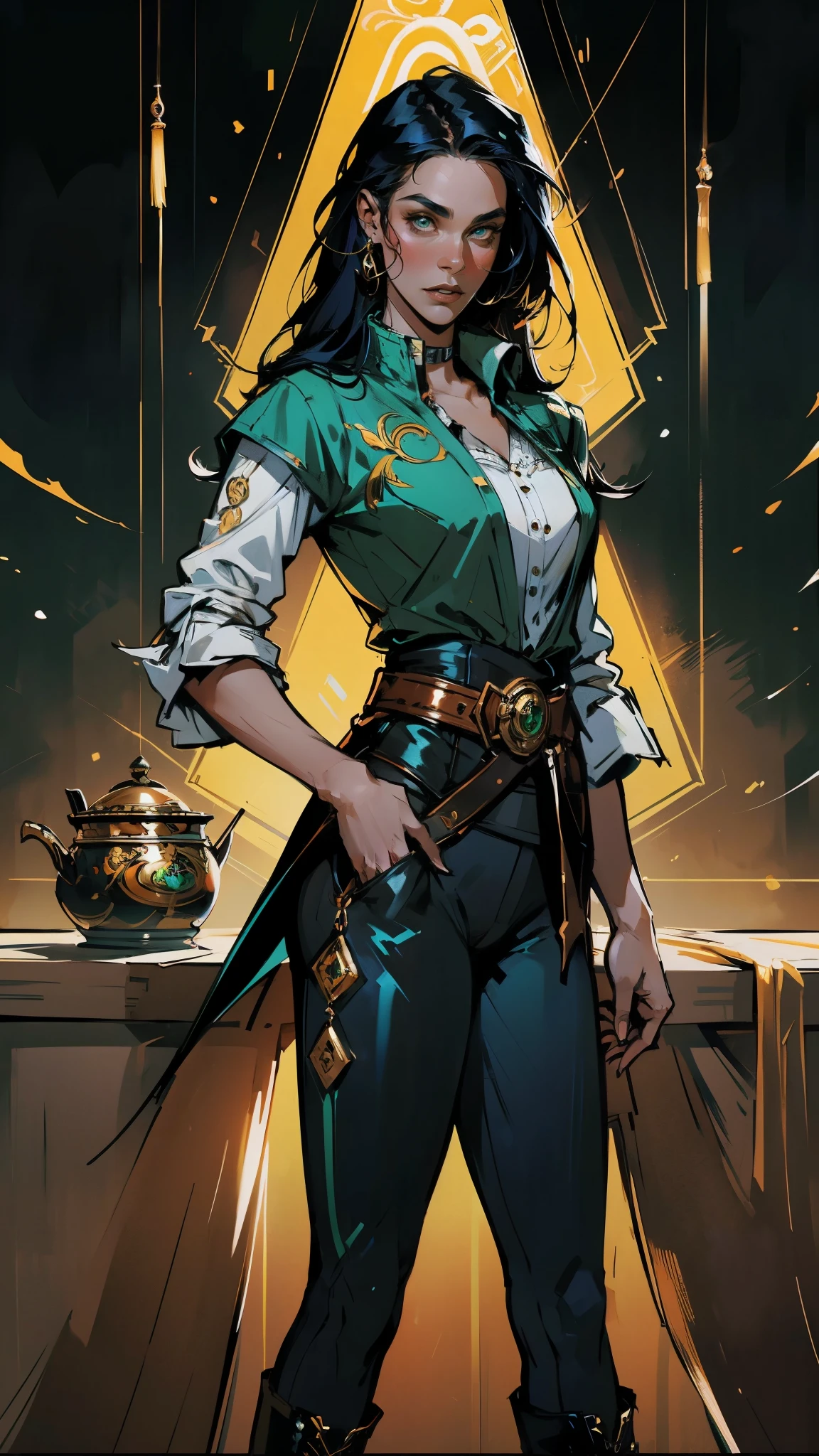 ((A young woman with flowing long dark blue hair, long side part bangs covering the right side of her face, sharp upward-arched thick eyebrows, large expressive eyes, a delicate oval face, a sensual wide mouth, a mocking expression, a fantasy martial arts-style emerald green short jacket with a blue undershirt, a high collar, rolled-up sleeves, matching fabric pants, a yellow waist belt, leather combat boots, one hand rests on her hip, surrounded by a cyan energy aura, standing in a fantasy style Chinese tavern)), this character embodies a finely crafted a fantasy martial arts heroine in anime style, exquisite and mature manga art style, pale skin, high definition, best quality, highres, ultra-detailed, ultra-fine painting, extremely delicate, professional, anatomically correct, symmetrical face, extremely detailed eyes and face, high quality eyes, creativity, RAW photo, UHD, 32k, Natural light, cinematic lighting, masterpiece-anatomy-perfect, masterpiece:1.5
