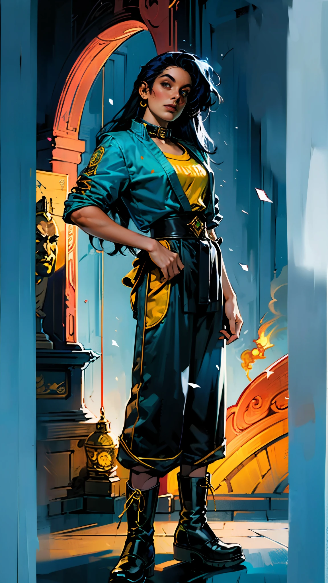((A young woman with flowing long dark blue hair, long side part bangs covering the right side of her face, sharp upward-arched thick eyebrows, large expressive eyes, a delicate oval face, a sensual wide mouth, a mocking expression, a fantasy martial arts-style emerald green short jacket with a blue undershirt, a high collar, rolled-up sleeves, matching fabric pants, a yellow waist belt, leather combat boots, one hand rests on her hip, surrounded by a cyan energy aura, standing in a fantasy style Chinese tavern)), this character embodies a finely crafted a fantasy martial arts heroine in anime style, exquisite and mature manga art style, pale skin, high definition, best quality, highres, ultra-detailed, ultra-fine painting, extremely delicate, professional, anatomically correct, symmetrical face, extremely detailed eyes and face, high quality eyes, creativity, RAW photo, UHD, 32k, Natural light, cinematic lighting, masterpiece-anatomy-perfect, masterpiece:1.5