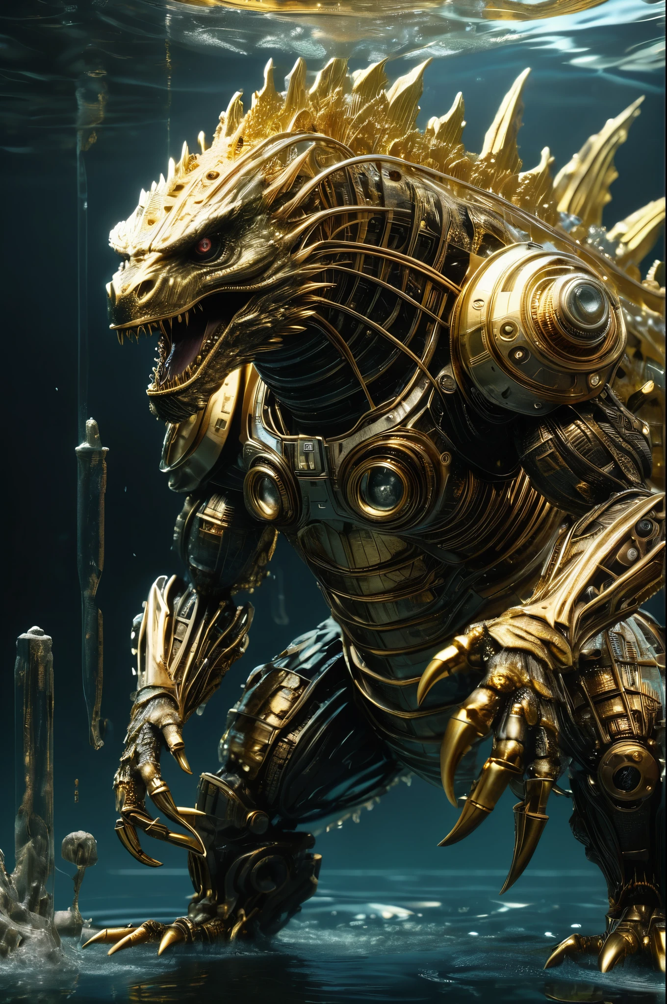 A biomechanical Godzilla monster composed of gold and glass， Intricate details, Scientific, ultra - detailed, Photorealistic，3D style,Cyborg style，in  the water，steampunc,Biopunk style,cinematic Film still from,half-mechanical，futurism,Cinematic