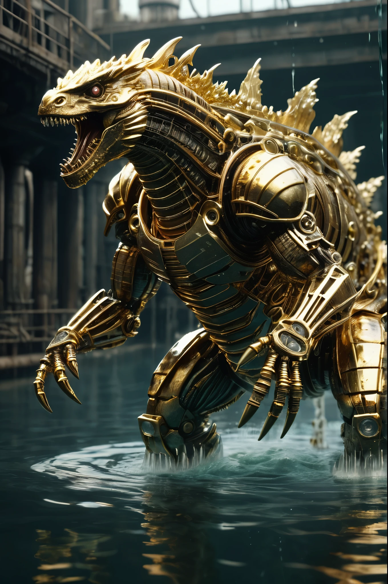 A biomechanical Godzilla monster composed of gold and glass, Intricate details, Scientific, ultra - detailed, Photorealistic,3D style,Cyborg style,in the water,steampunc,Biopunk style,cinematic Film still from,half-mechanical,futurism,Cinematic