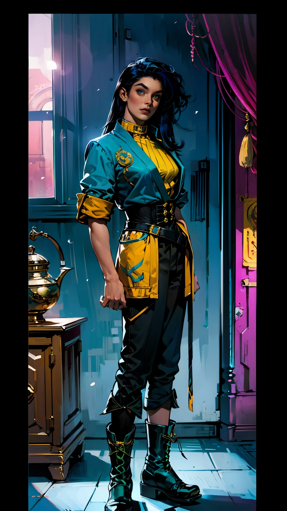 ((A young woman with flowing long dark blue hair, long side part bangs covering the right side of her face, sharp upward-arched thick eyebrows, large expressive eyes, a delicate oval face, a sensual wide mouth, a mocking expression, a fantasy martial arts-style emerald green short jacket with a blue undershirt, a high collar, rolled-up sleeves, matching fabric pants, a yellow waist belt, leather combat boots, one hand rests on her hip, surrounded by a cyan energy aura, standing in a fantasy style Chinese tavern)), this character embodies a finely crafted a fantasy martial arts heroine in anime style, exquisite and mature manga art style, pale skin, high definition, best quality, highres, ultra-detailed, ultra-fine painting, extremely delicate, professional, anatomically correct, symmetrical face, extremely detailed eyes and face, high quality eyes, creativity, RAW photo, UHD, 32k, Natural light, cinematic lighting, masterpiece-anatomy-perfect, masterpiece:1.5
