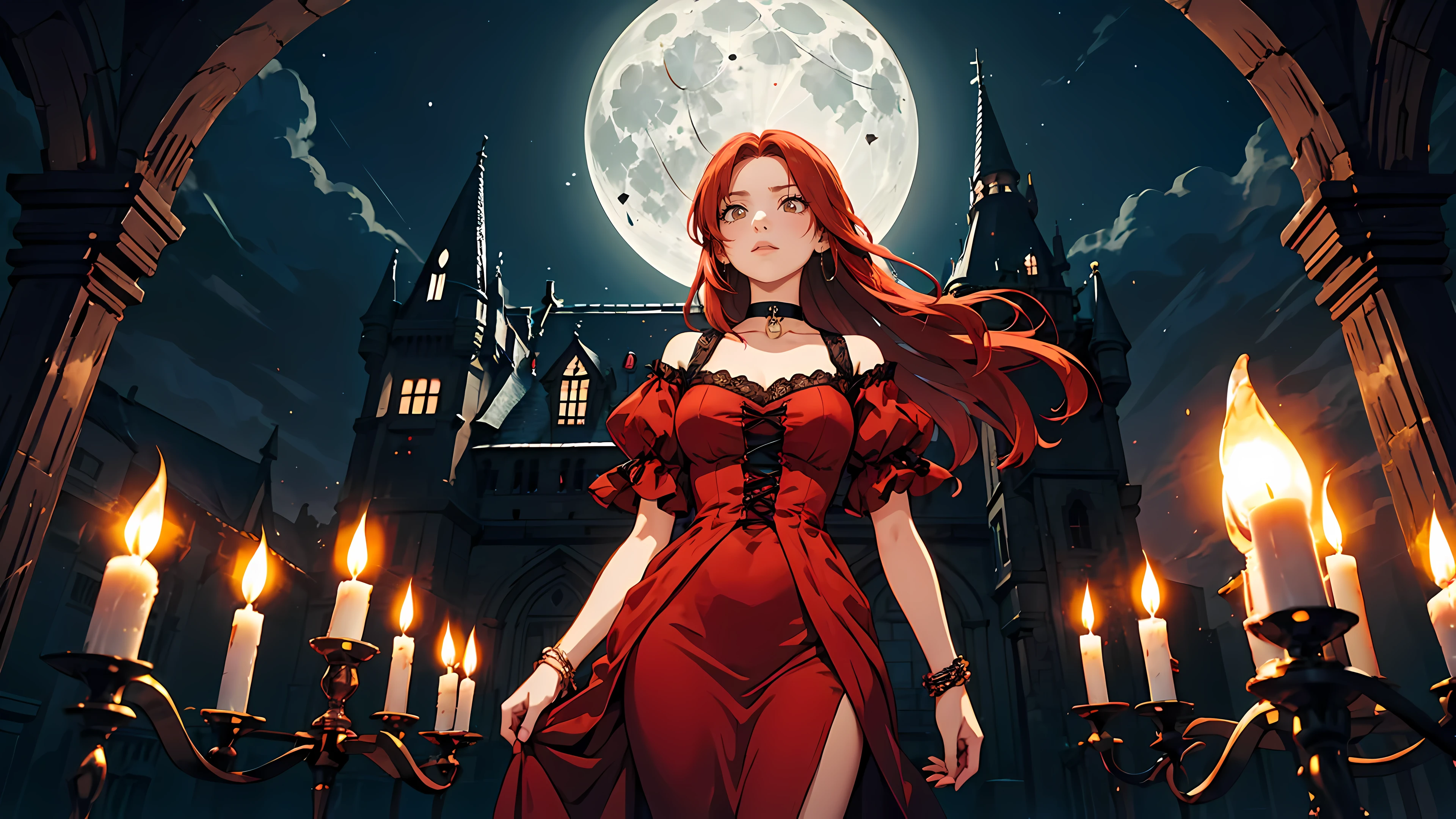 ((1girl)), long red hair, choker collar, bracelets, long Victorian style red dress, standing, cowboy shot, gothic castle, night, nighttime, one moon, moonlight, candles, candlelight, dramatic lighting, cinematic lighting,
