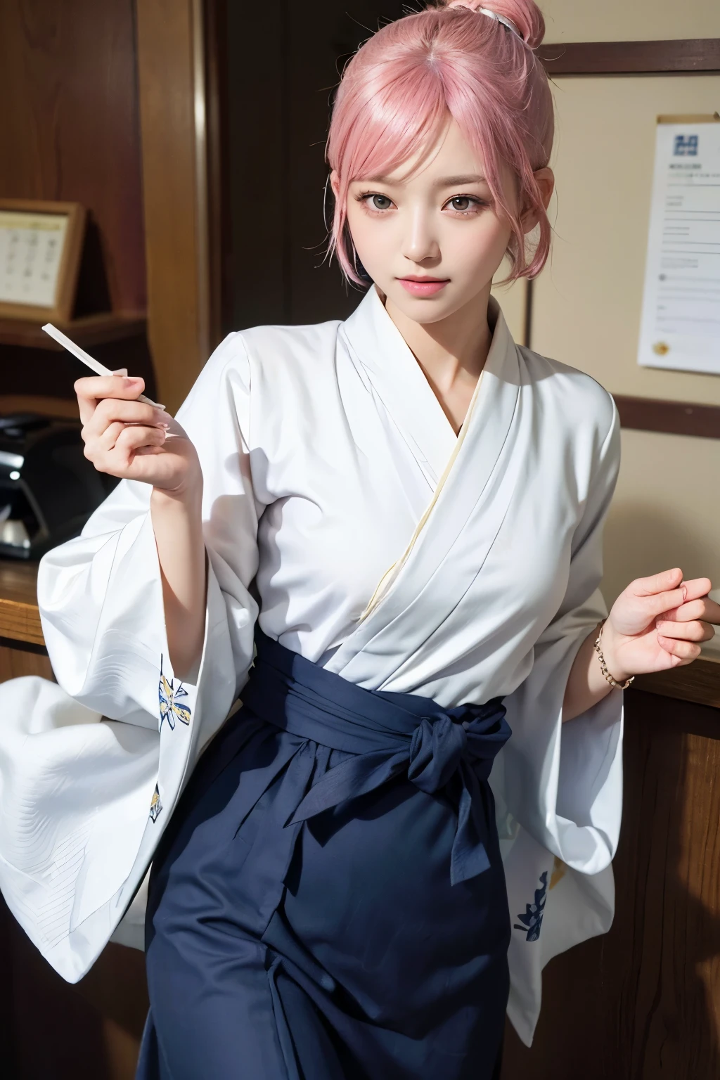 (8K, highest quality, masterpiece:1,2), (realistic, Photoreal:1.37), Super detailed, one girl,), (very detailed), (detailed and beautiful eyes), (highest qualityの), (Super detailed ), (masterpiece), (detailed face),20-year-old, ,1 girl, ((pink hair,very short hair)), medium breasts, dressed, perfect lighting, break (navy blue haori:1.3), (white collar:1.2), (three quarter sleeves:1.2), (white kimono:1.4), (nature motif pattern:1.2), (navy blue hakama:1.3), (Ankle length:1.2), (The hem is not too wide either、:1.2), (white obi:1.4), (simple knot:1.2), (white foot bag:1.2), (Black geta:1.2), (low height:1.2), (Easy to walk:1.2), (bun hair:1.2), (hair ornaments:1.2), (flowers and pieces of paper:1.2), break bun hair, flowers and pieces of paper hair ornaments, smile, friendly, looking at camera, hold soba with right hand, Holding chopsticks with left hand, Please do not put soup on the soba., In front of the soba shop counter, Wall with menu and photos, Natural light, Adding soft shadows to the face