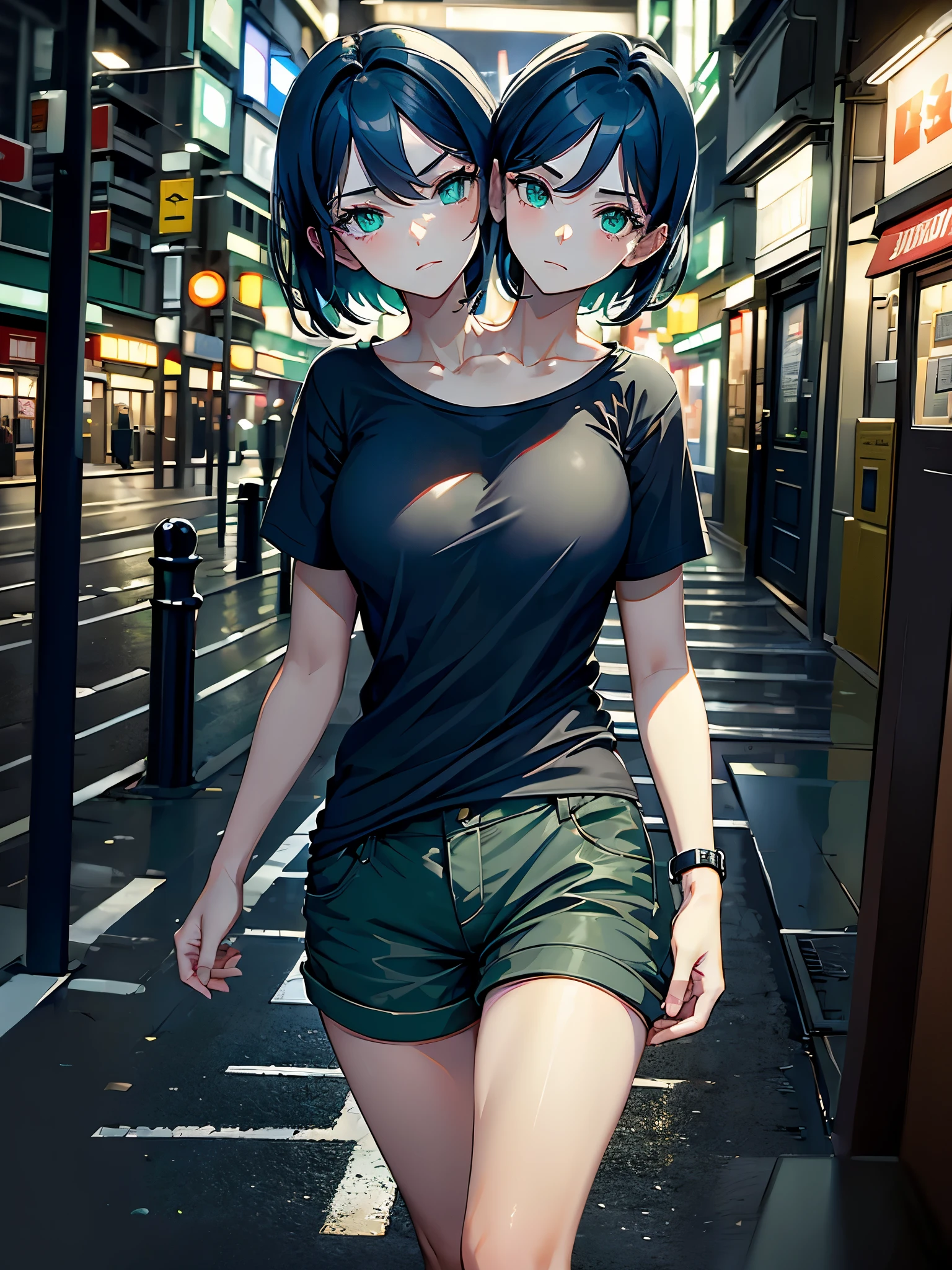 (masterpiece, best quality), best resolution, (2heads:1.5), 1girl, dark blue hair, green eyes, scratching head, thinking, black t-shirt, light brown short pants, walking alone at night, suburban sidewalk