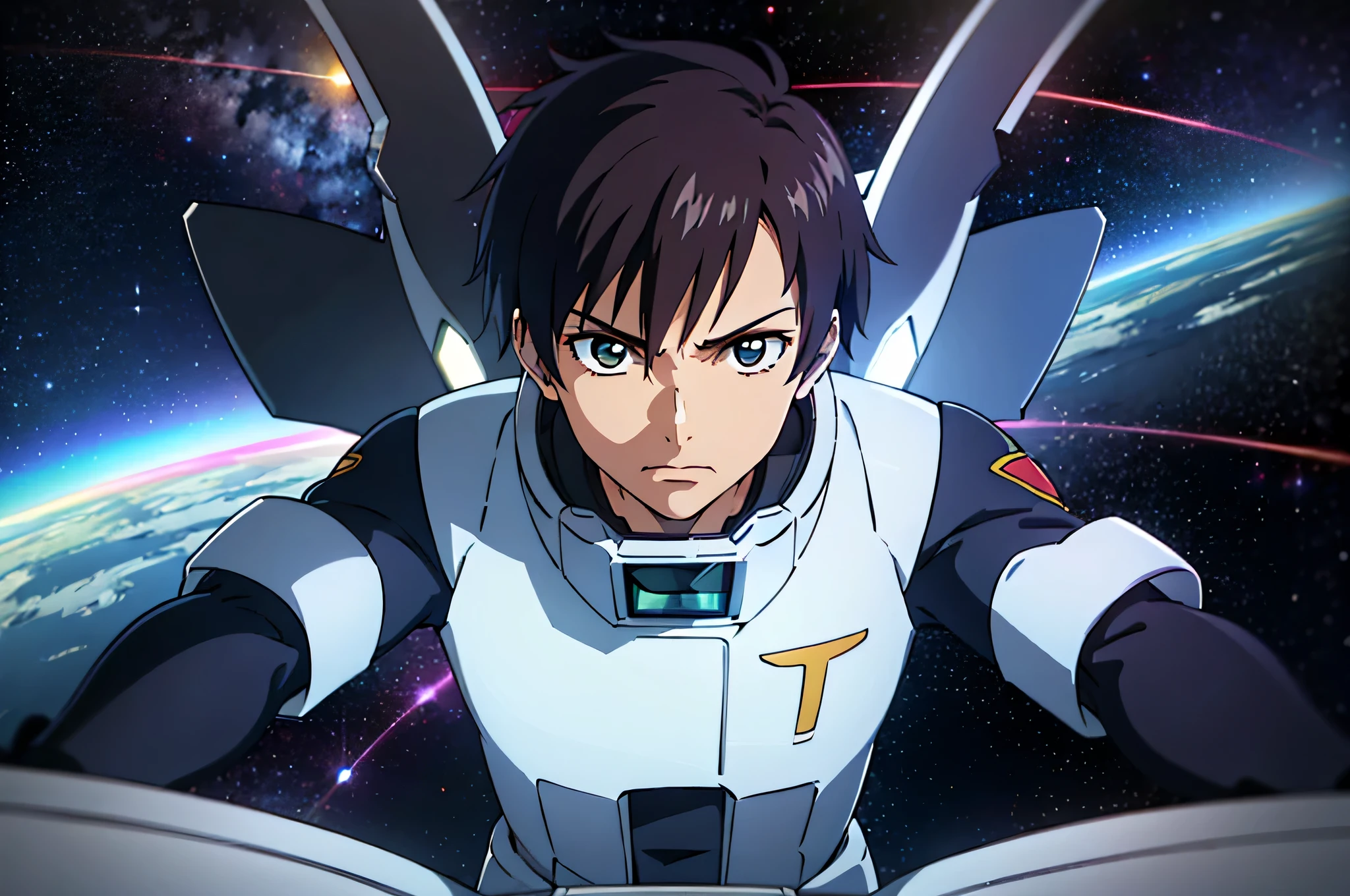 Close-up of a person sitting on a spaceship, portrait anime space cadet boy, science fiction anime, science fiction anime, modern science fiction anime, Macross franchise, Macross, joke around, powerful man sitting in space, Macross frontier, With Gundam, style of Macross, Arasaka Kameka, anime female hero portrait