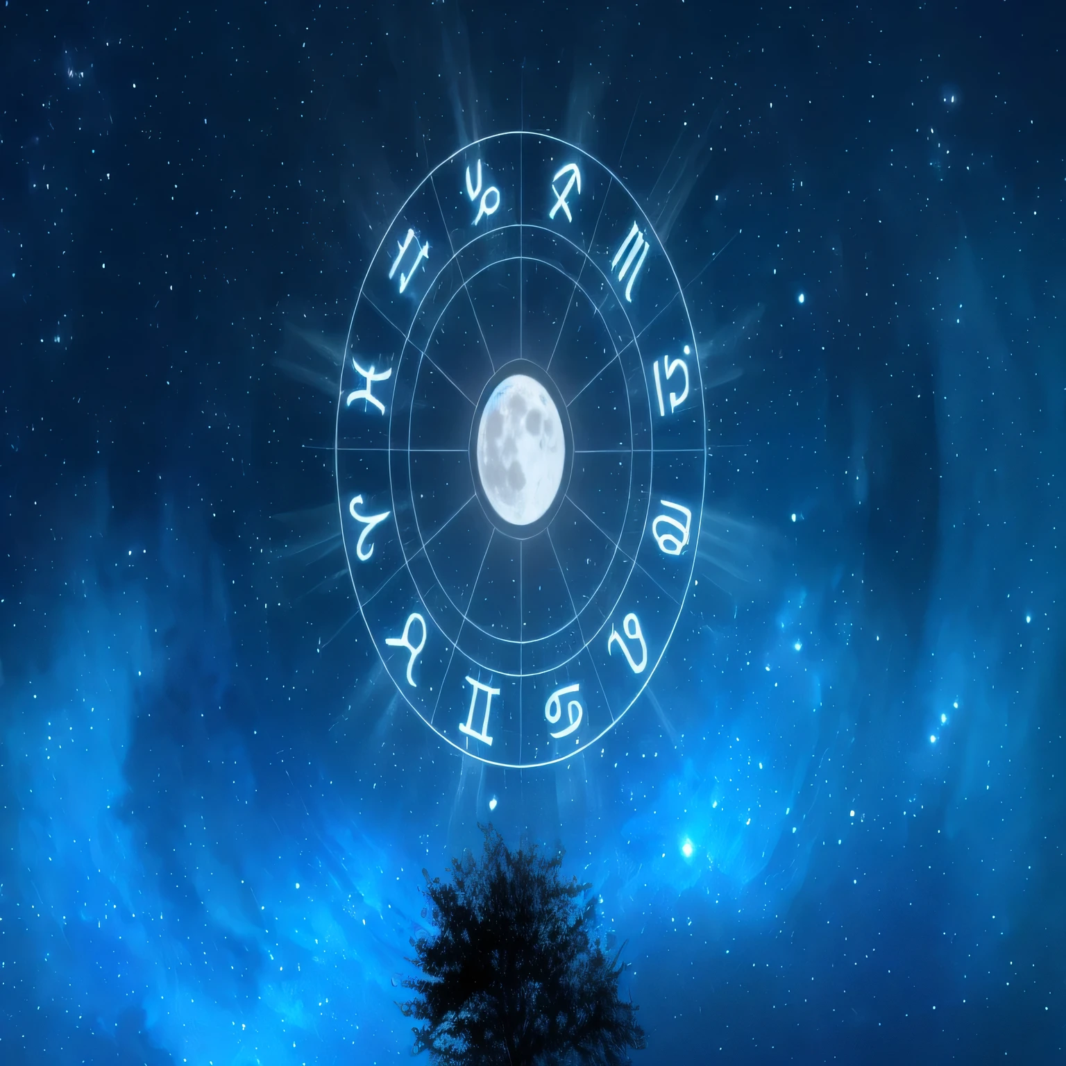 zodiac sign with a tree in the foreground and a full moon in the background, astrology, zodiac sign, zodiac signs, unknown zodiac sign, geometry and astrology, celestial background, zodiac libra sign, astral background, numerology, astronomical, mystical setting, big moon and stars in the sky, themed on the stars and moon, nocturnal spiritual scene