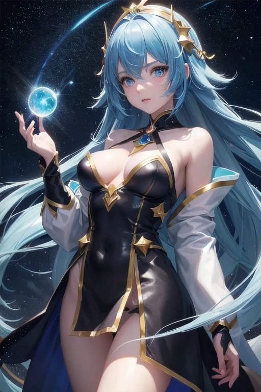 1girl, (masterpiece), best quality, expressive eyes, perfect face, anime girl with blue hair and a black dress, small breast, anime girl with cosmic hair, luminous stellar sky, celestial aura, beautiful celestial mage, lumi, luminous sky, galaxy, electricity aura, holding a galaxy, azure. detailed hair, cosmic girl, anime fantasy artwork, star crown, epic mage girl character, anime fantasy illustration
