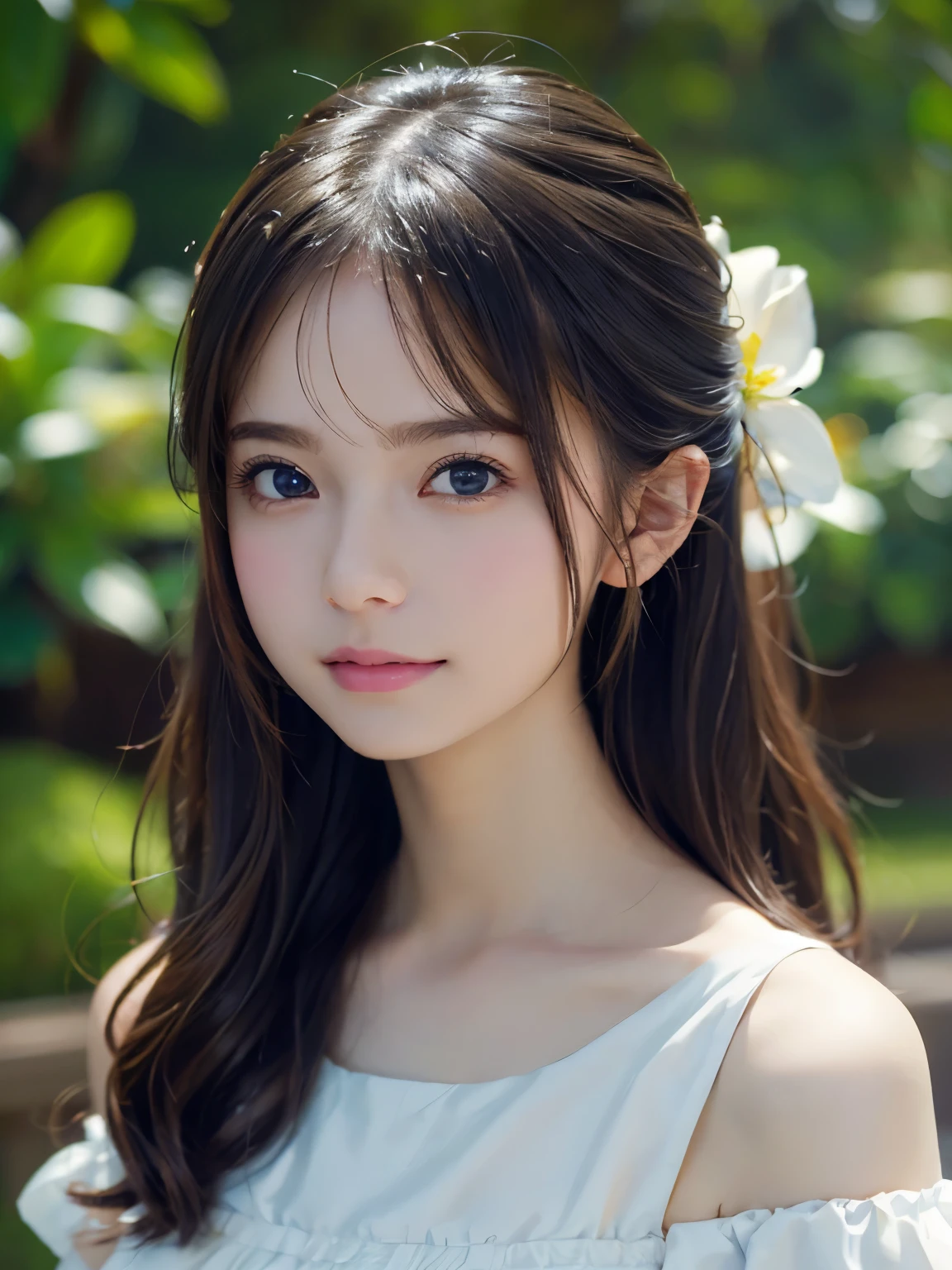 Image from the chest up:1.6)、laughter、Close-up portrait of a girl wearing only a white off-shoulder top dress and earrings, soft portrait shot 8k, nice delicate face, High quality 4K portraits, high quality portrait, soft and perfect pale skin, 8K highly detailed face, なbeautiful繊細な顔, beautiful光の大きな目, beautiful and realistic face, beautiful１８old girl, beautiful and realistic face, cute１８old girl