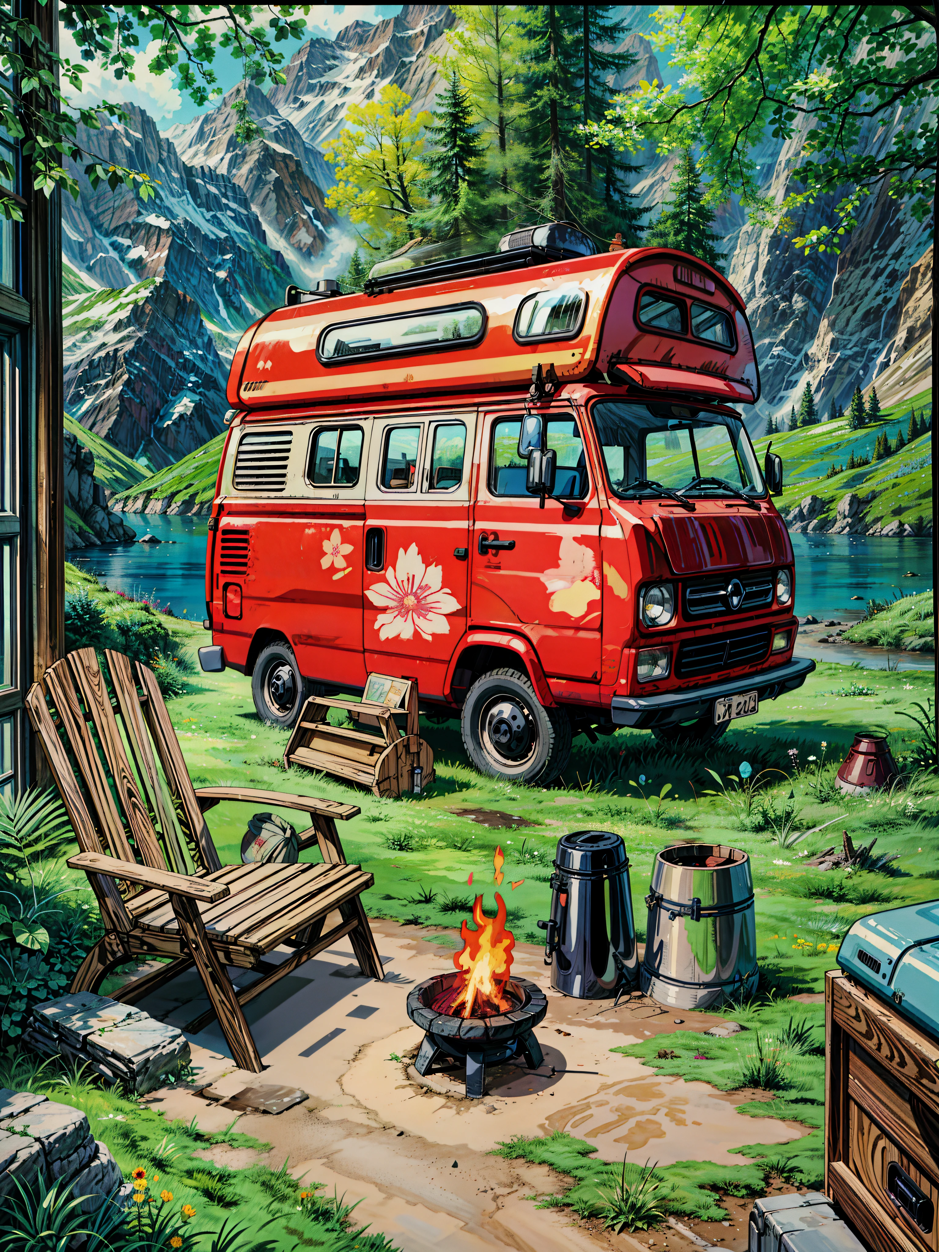 a camper van parked next to a fire pit, ios app icon, app icon, campsites, rv, camping, retro psychedelic illustration, beautiful retro art, campfire background, cottage hippie naturalist, children's book cover, scenery art detailed, neo - gypsy caravan, retro cover, high detailed illustration, game icon asset, retro illustration, award - winning illustration, 4k hd,, beautiful art uhd 4 k, a beautiful artwork illustration, beautiful digital painting, highly detailed digital painting, beautiful digital artwork, detailed painting 4 k, very detailed digital painting, rich picturesque colors, gorgeous digital painting