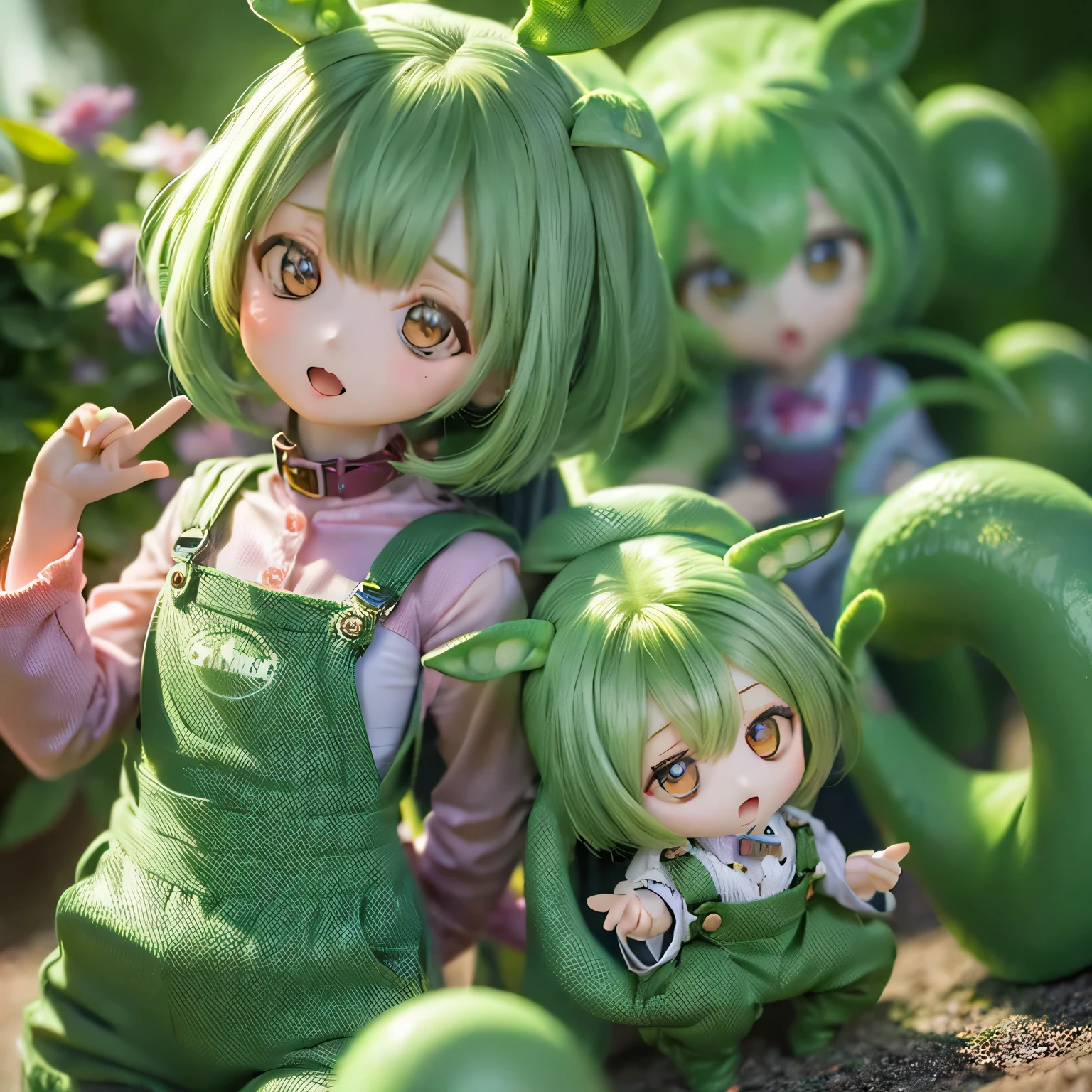 (a girl in a garden),(illustration),(detailed flowers and trees),(best quality,ultra-detailed,highres),(vivid colors),,(smug face),((((((chibi)))))),(green hair),(open mouth),(nude)(((Zundamon's hairstyle))) full body ,(smug face),(((((chibi))))),(green hair),(open mouth),(white blouse),(((((8green color Bugy overalls)))))